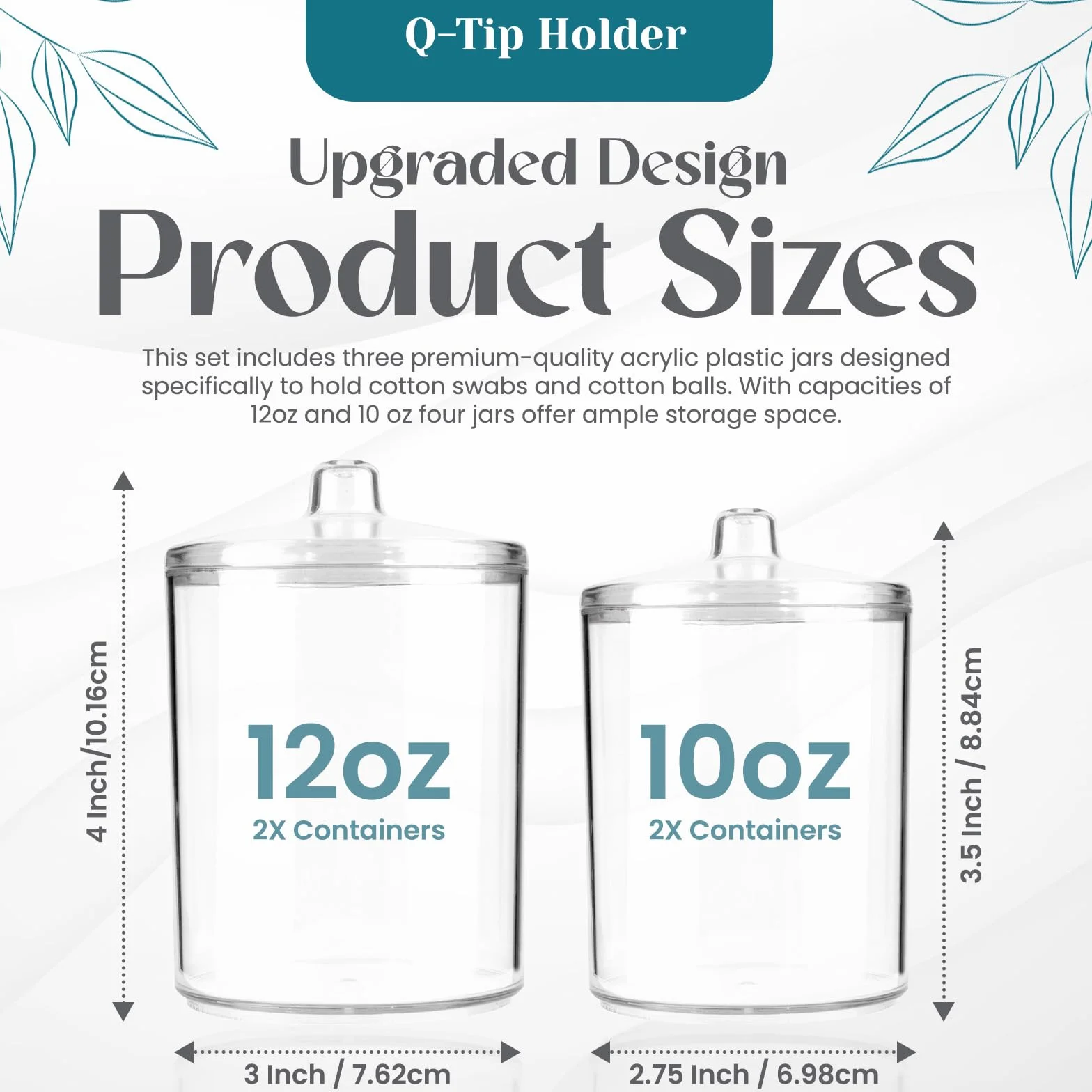 Qtip - Organizador de maquillaje de tocador, tarros de boticario de plástico transparente con tapas, dispensador de hisopos de algodón para baño, 2 x 10 onzas y 2 x 7 onzas, paquete de 4,