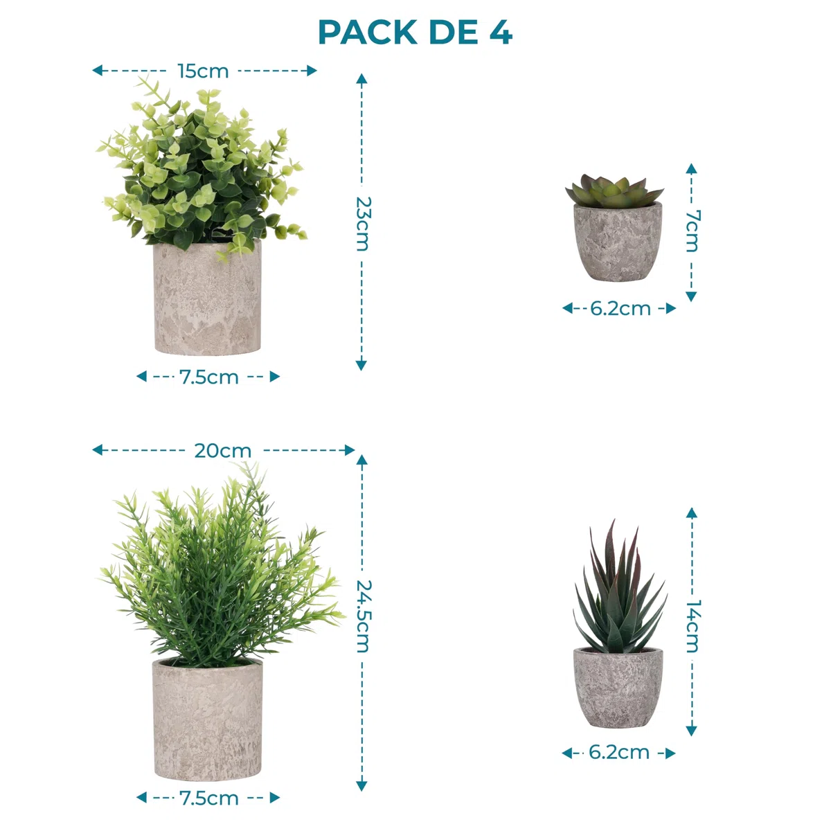 Winter Shore Planta Artificial Verde Pequeña (Pack de 4) - Plantas Artificiales Decorativas con Estilo Campesino - Maceta Interior para Baño y Escritorio de Oficina - Eucalipto y Plantas Suculentas