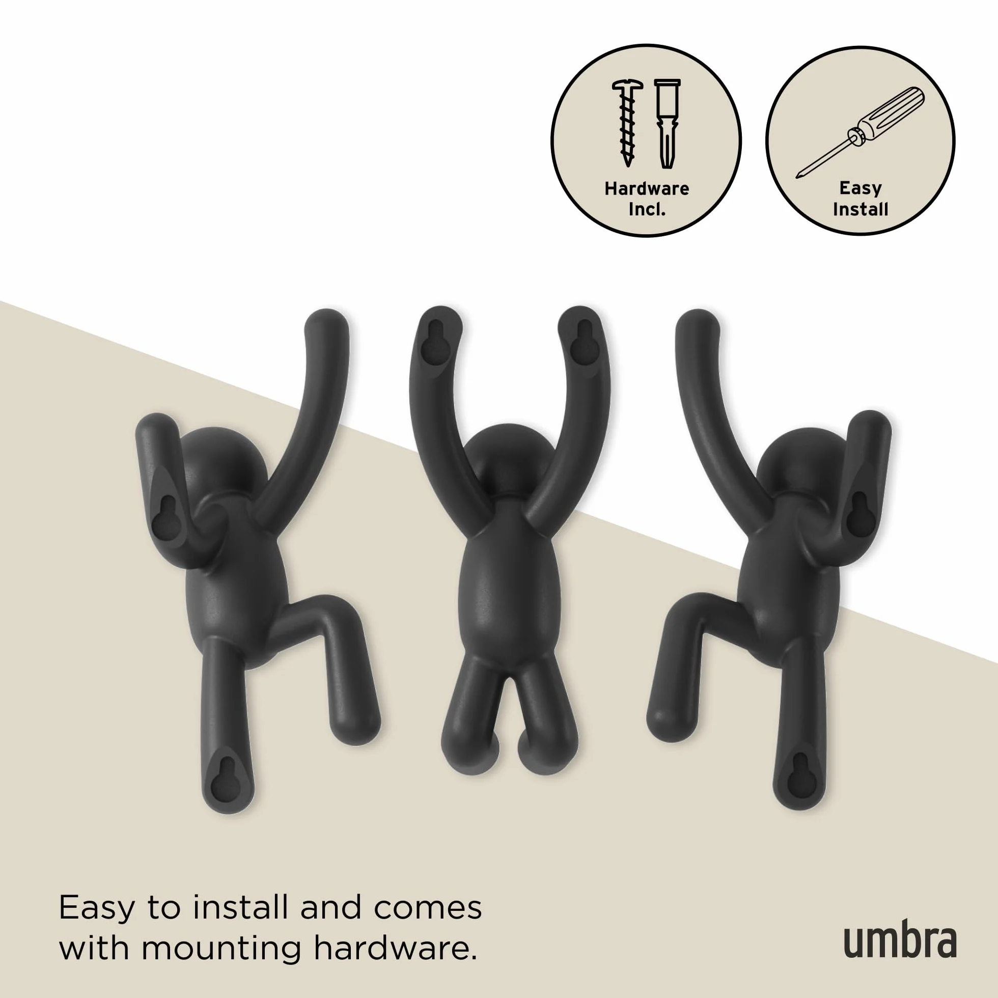 Umbra Buddy Ganchos de pared, juego de 3, Negro