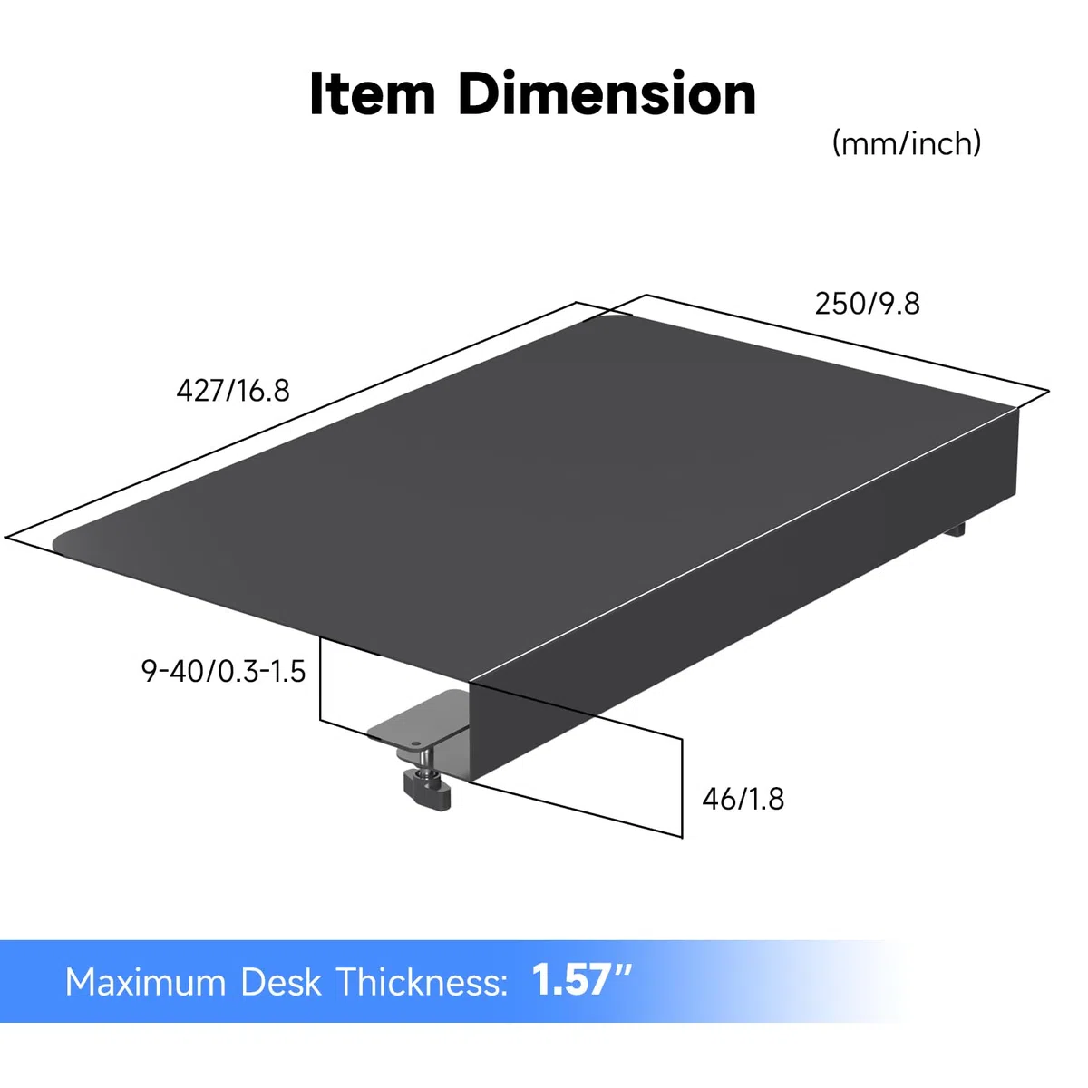 Suptek Soporte de Esquina Negro de 17 Pulgadas para Escritorios en Forma de L, Soporte de Montaje para Bandeja de Teclado Debajo del Escritorio, Modelo DESKEX01