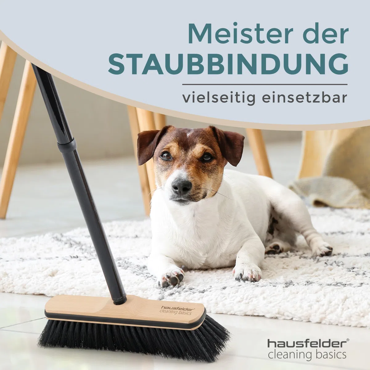 Hausfelder Escoba de 30 cm con mango de 4 piezas y protección de bordes, escoba para parqué, azulejos, interiores, escoba con cerdas sintéticas suaves para el cabello, polvo, mango de tornillo para