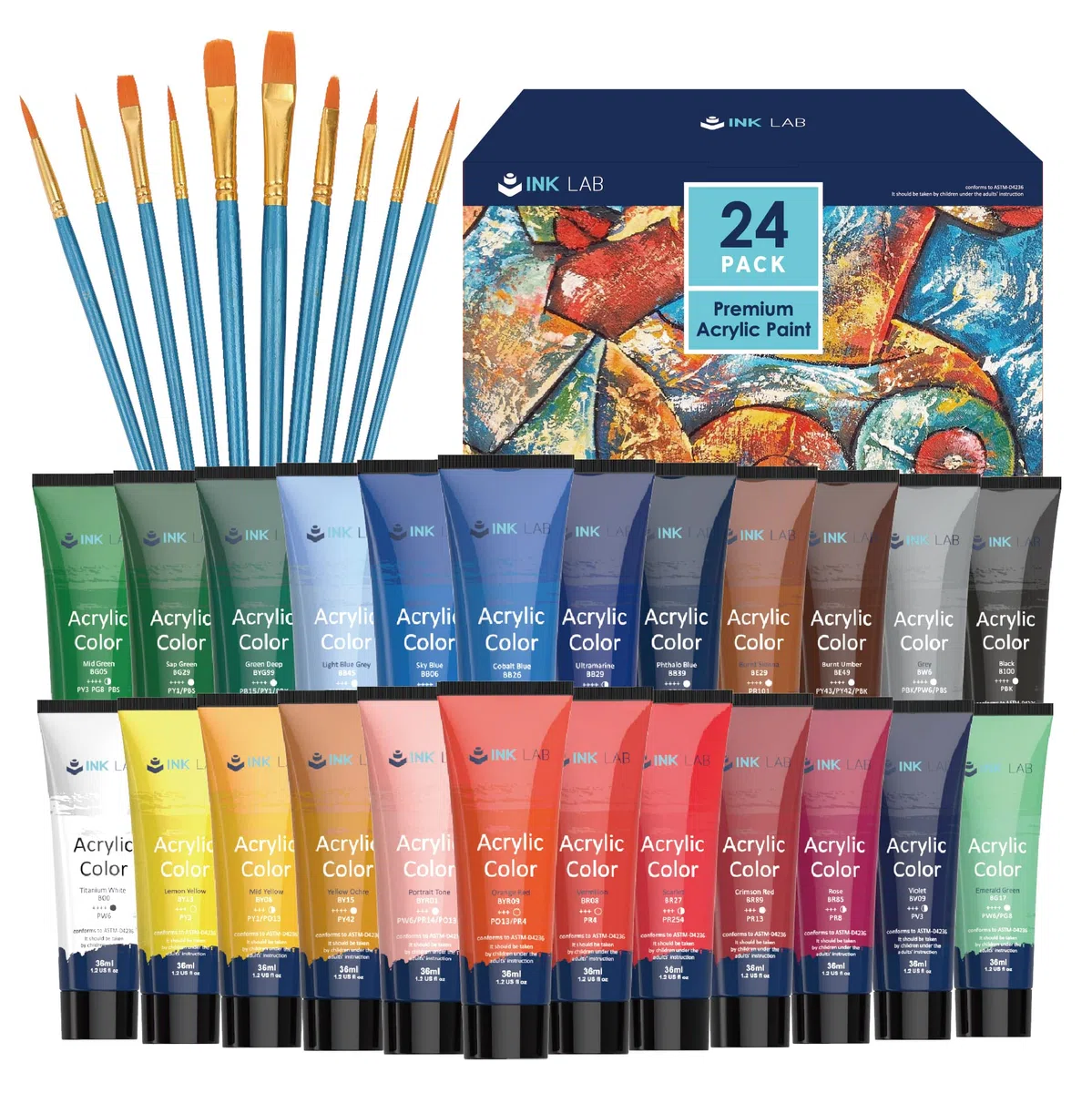 Pintura Acrílica 24 Colores 36ml Colores Acrílicos No Tóxica Conjunto de Pintura Acrílica para Artistas Manualidades Lienzos Madera Cerámica Tela