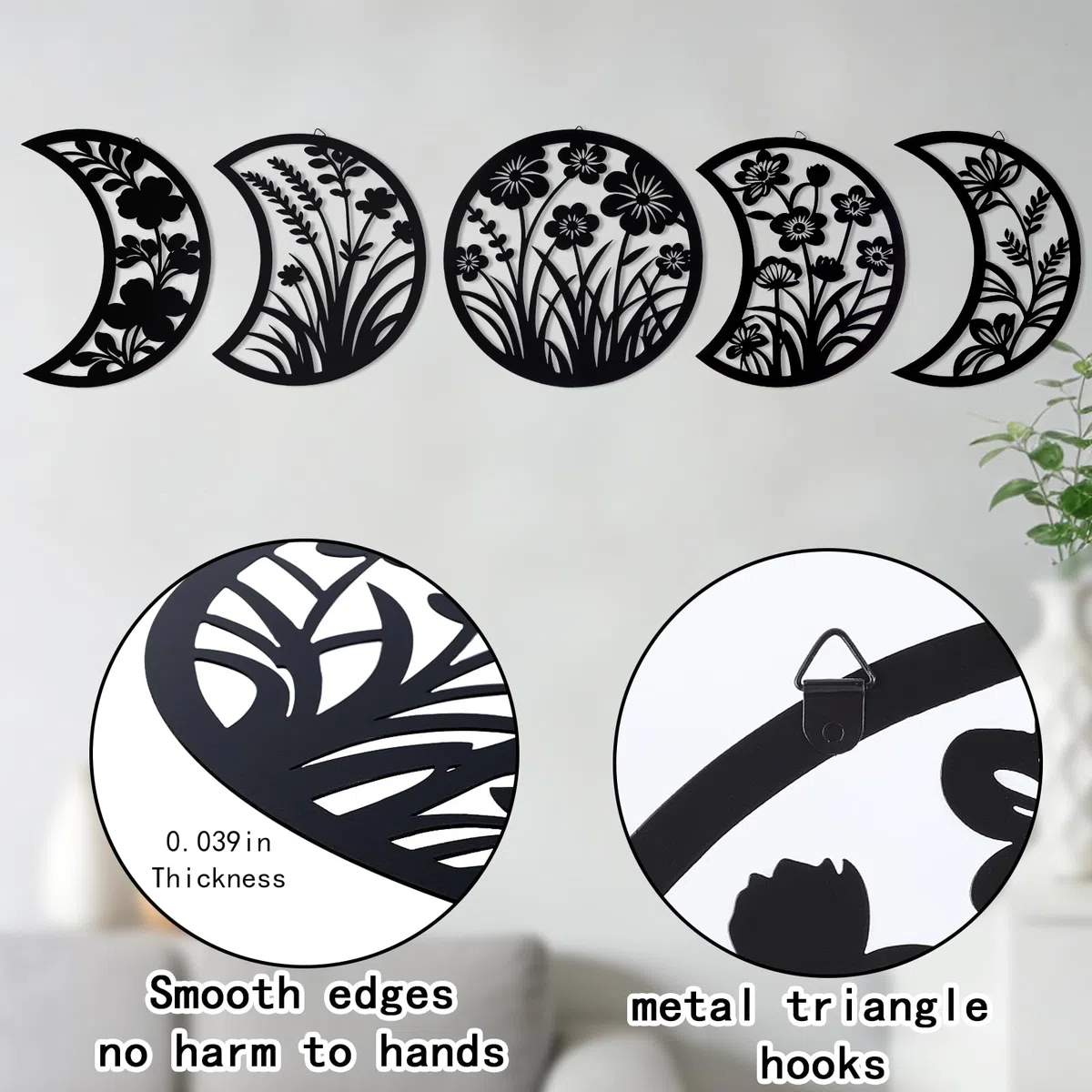 Larber 5PCS Metal Negro Fase de la Luna Muro Decoración 18-25CM Fase de la Luna con Siluetas Florales y de Hierbas Boho Arte Estético Lunar para Dormitorio Regalo Baño Restaurante Pared