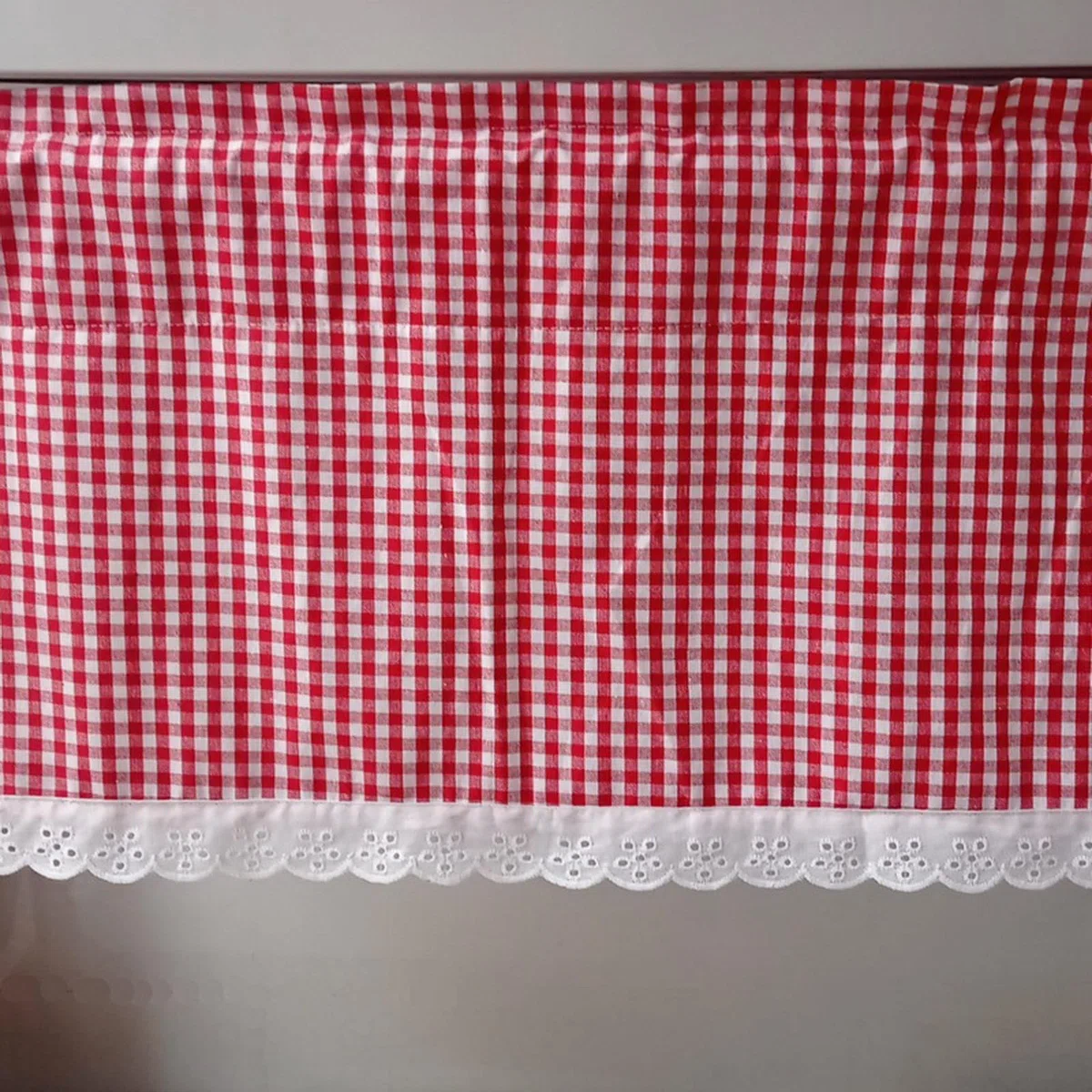 A.Monamour Cortina Cocina Ventana Puerta Corta Pequeña Algodón Granja Rústico Blanco Rojo Cuadros Blanco Encaje Bolsillo para Varilla Panel Cenefa Bistro para Dormitorio Café Baño Habitación Terraza