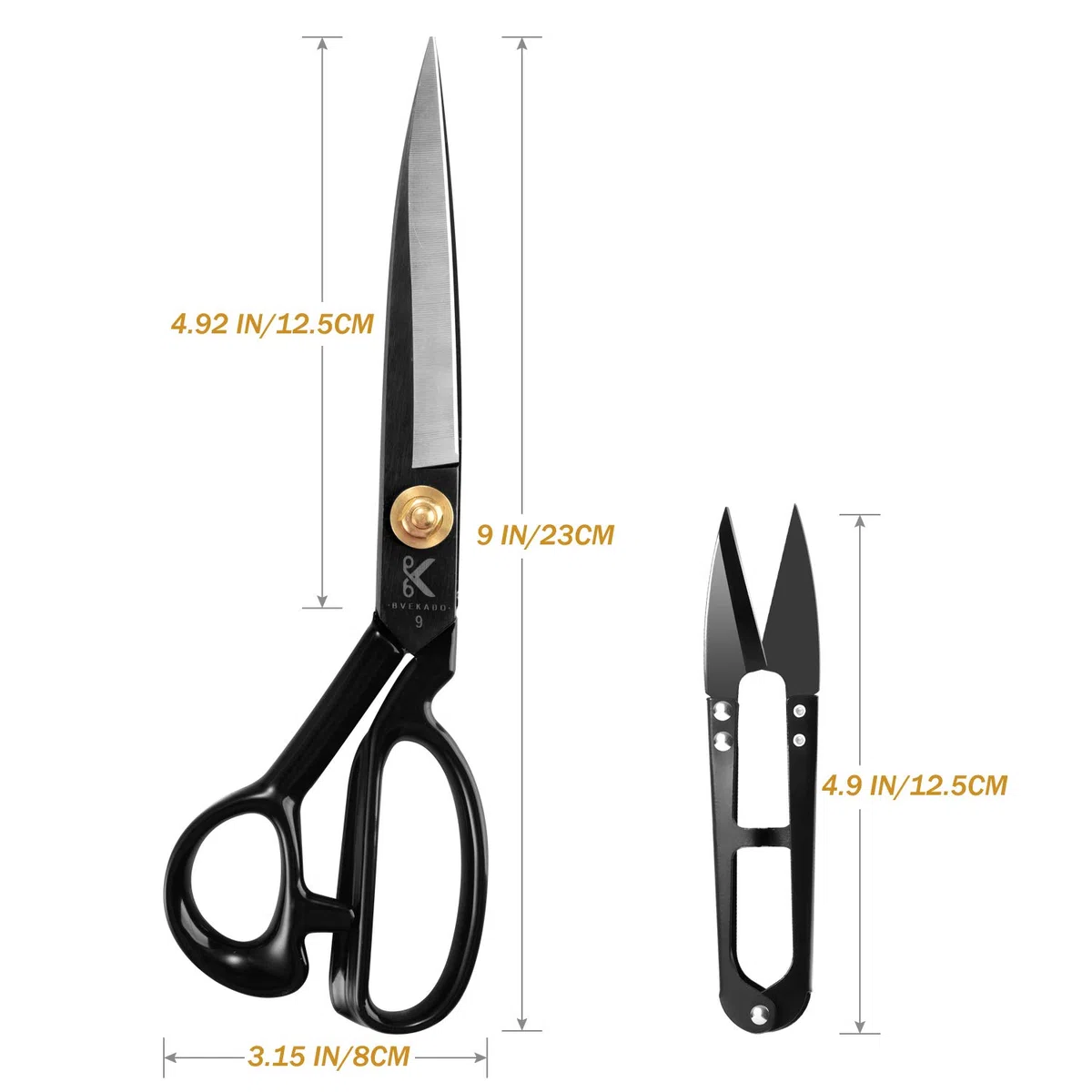 Tijeras de costura, tijeras de modista de 24 cm con cortador de hilo - tijeras de tela acero al carbono para cortar tela, ropa, cuero, materias primas (negro, diestro)