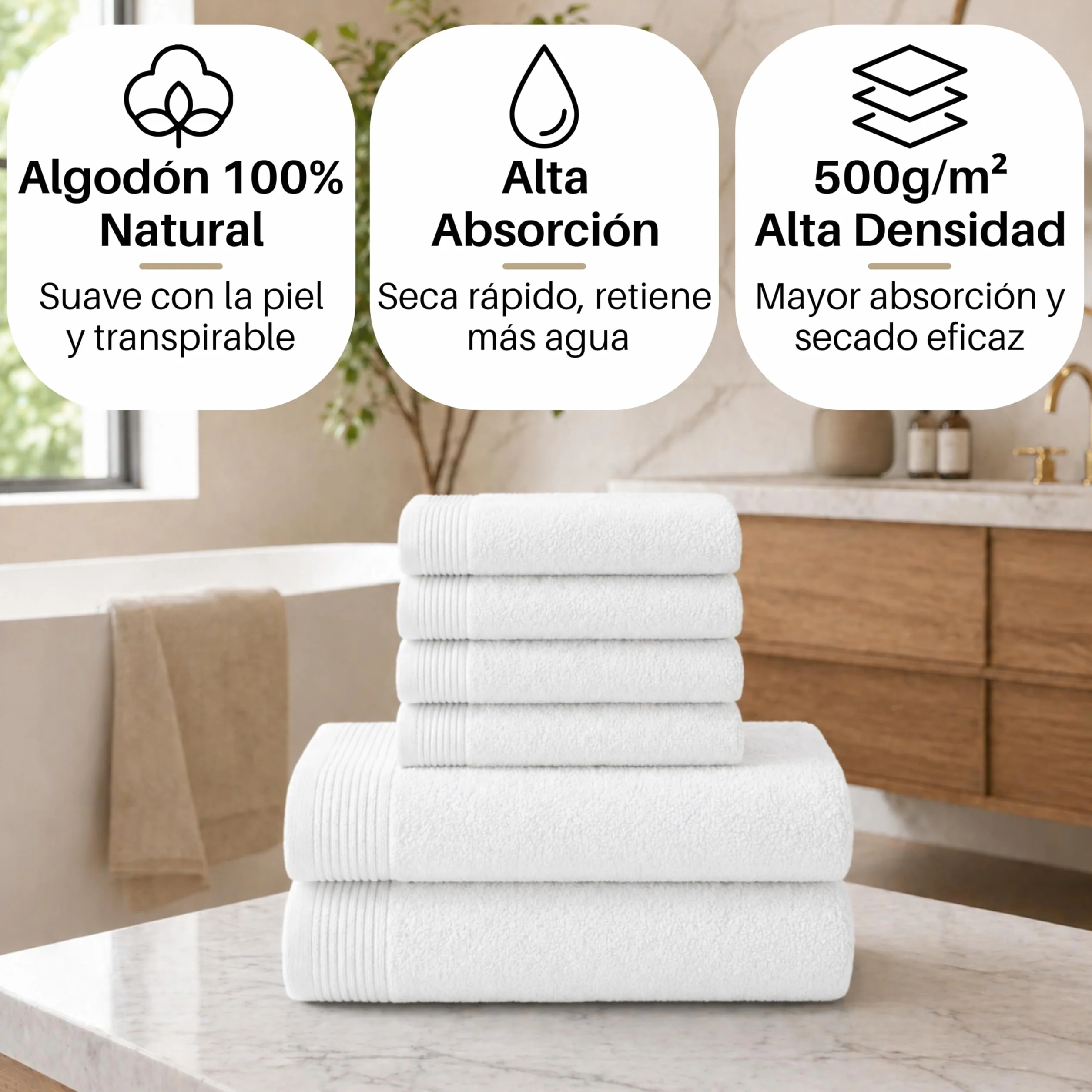 NOVOTEXTIL Juego Toallas Ducha 6 Piezas – 2 Ducha 70x140 + 4 Cara 30x50 – 100% Algodón 500 g/m² – Suaves y Alta Absorción (Blanco)