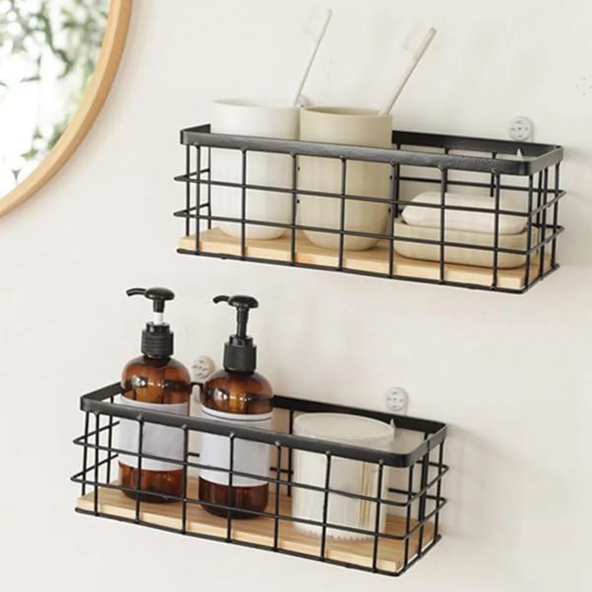 2 cestas de metal, organizador de cesta de baño negro, cestas de alambre colgantes de pared, apilables para cocina, aperitivos de frutas, baño, oficina