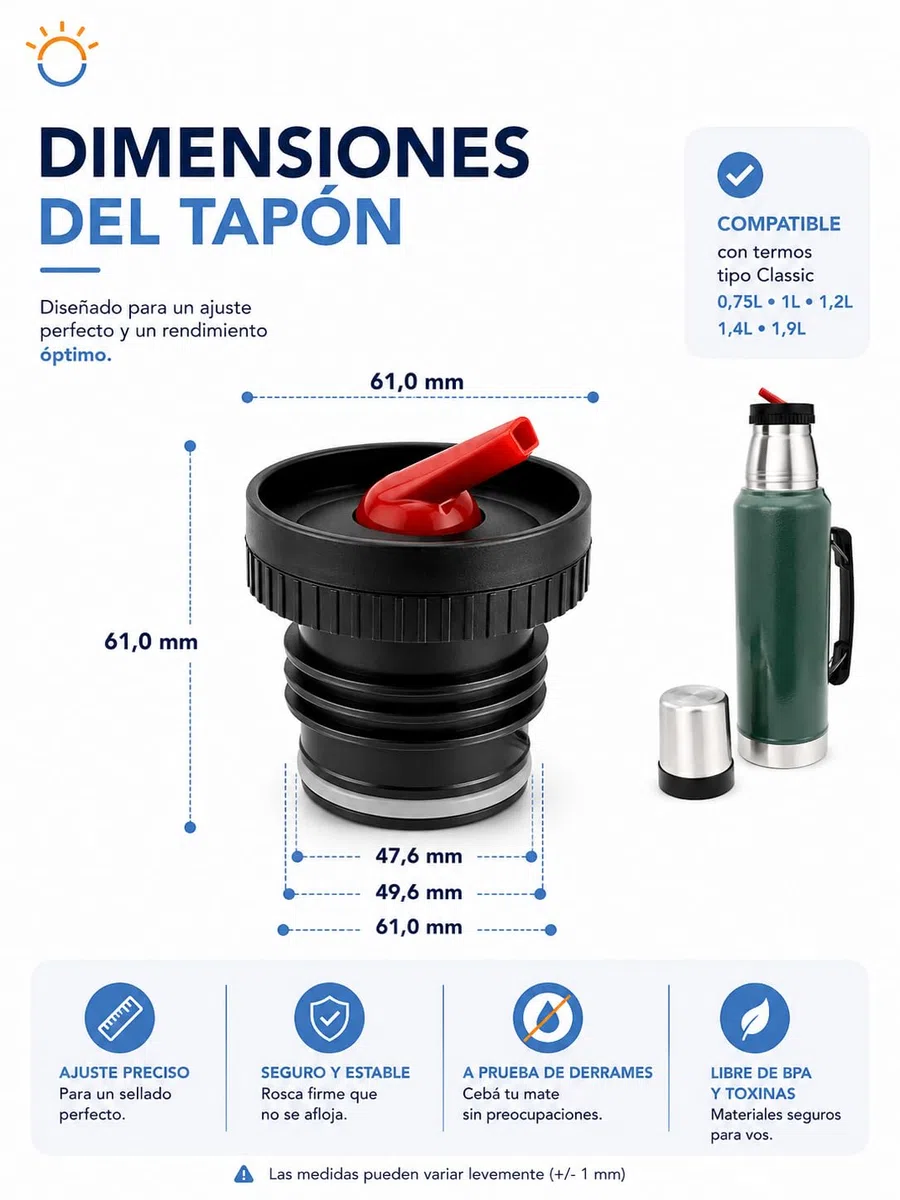 Tapón Pico Cebador Compatible con Termos Stanley | Antifugas con Rosca Reforzada y Sellado Hermético | Vertido Controlado para Mate | Compatible con 473 ml, 750 ml, 1L, 1.4L y 1.9L