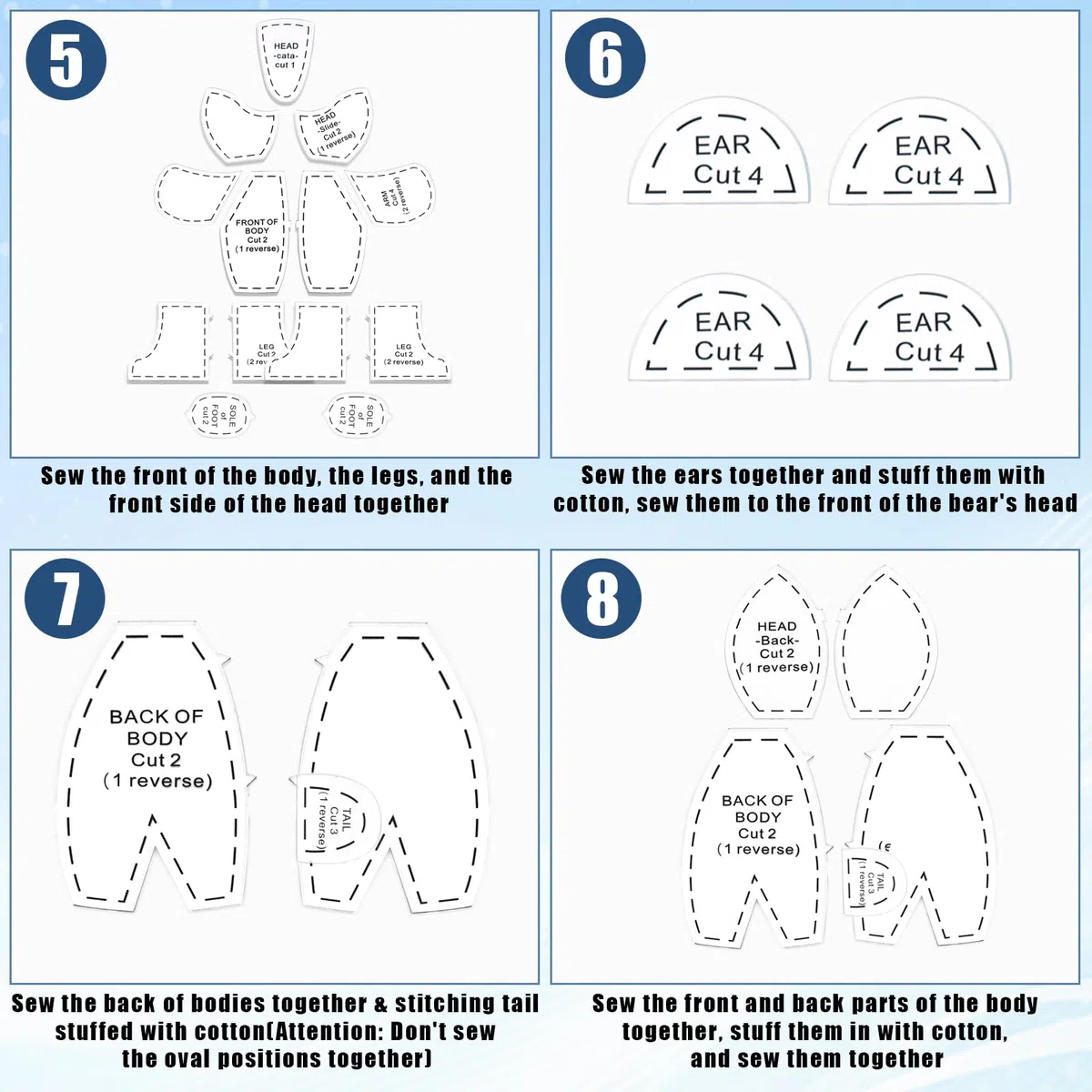10 patrones de costura de oso de memoria de 15 pulgadas, acrílico, reutilizable, plantilla de oso de memoria, plantilla de costura de oso con instrucciones para coser regalos