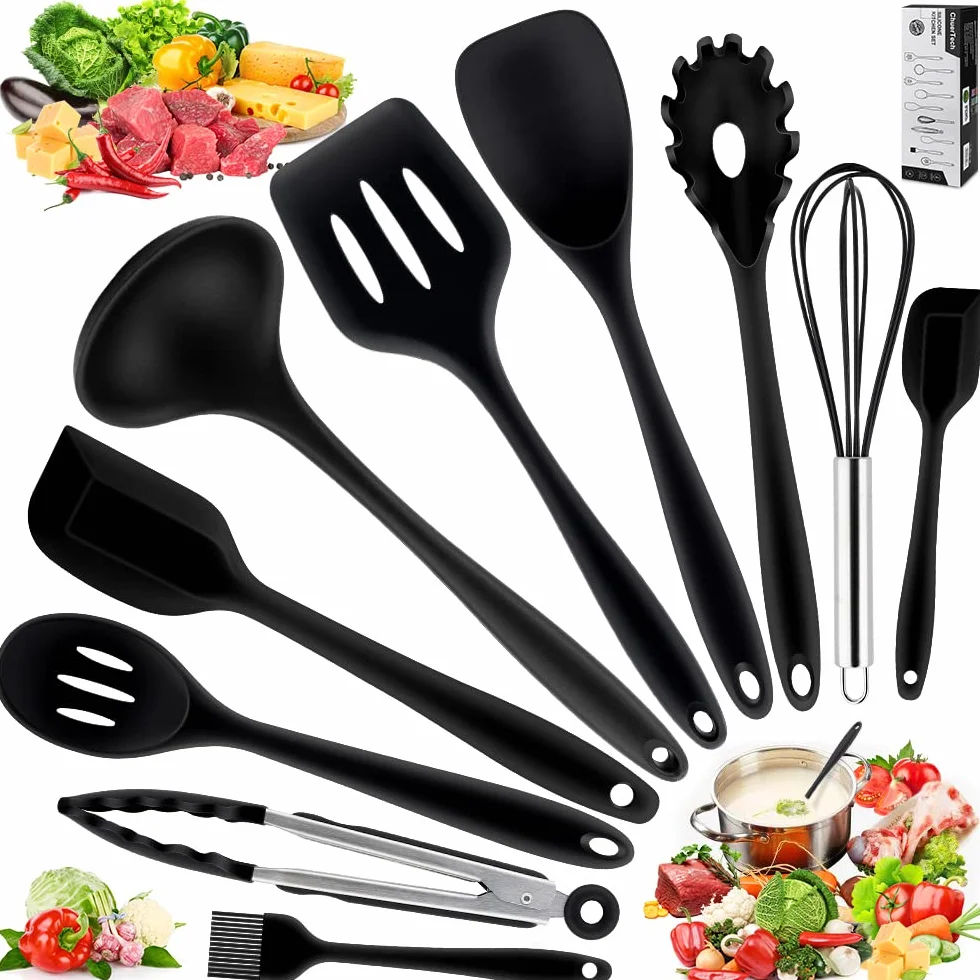 Utensilios de Cocina de Silicona, Herramientas Antiadherentes para Hornear Resistentes al Calor -10 Juegos - Negro (Cucharas de Cocina,Cucharas de Drenaje,Espátulas,Pinza,Cuchara para Espaguetis)