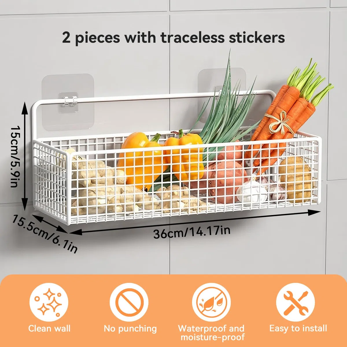 Estante de Almacenamiento para Colgar en la Cocina, cestas organizadoras de Pared de Gran Capacidad montadas en la Pared, cestas de Alambre para Dormitorio, Cocina (Blanco)