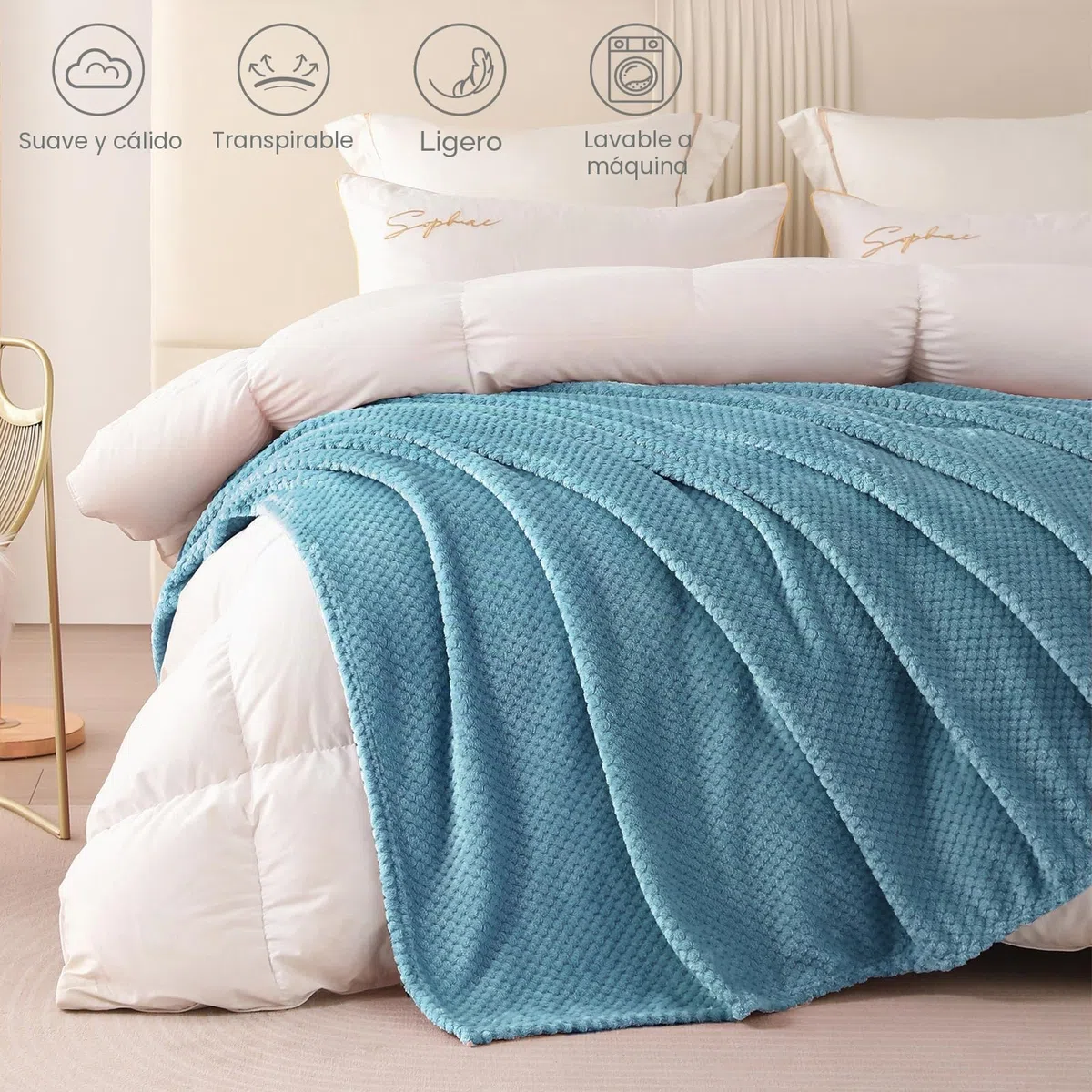 Manta Waffle de Polar, Manta de Franela para Sofa y Cama, Suave, Cálida y Ligera para Todo el Año, 150 x 200 cm, Azul Pizarra