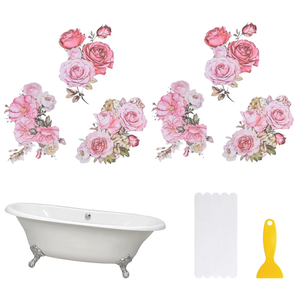 Pegatinas antideslizantes para bañera, 6 unidades, diseño de flores rosas, calcomanías antideslizantes de seguridad para bañera con raspador para bañera, escalera, ducha, suelo