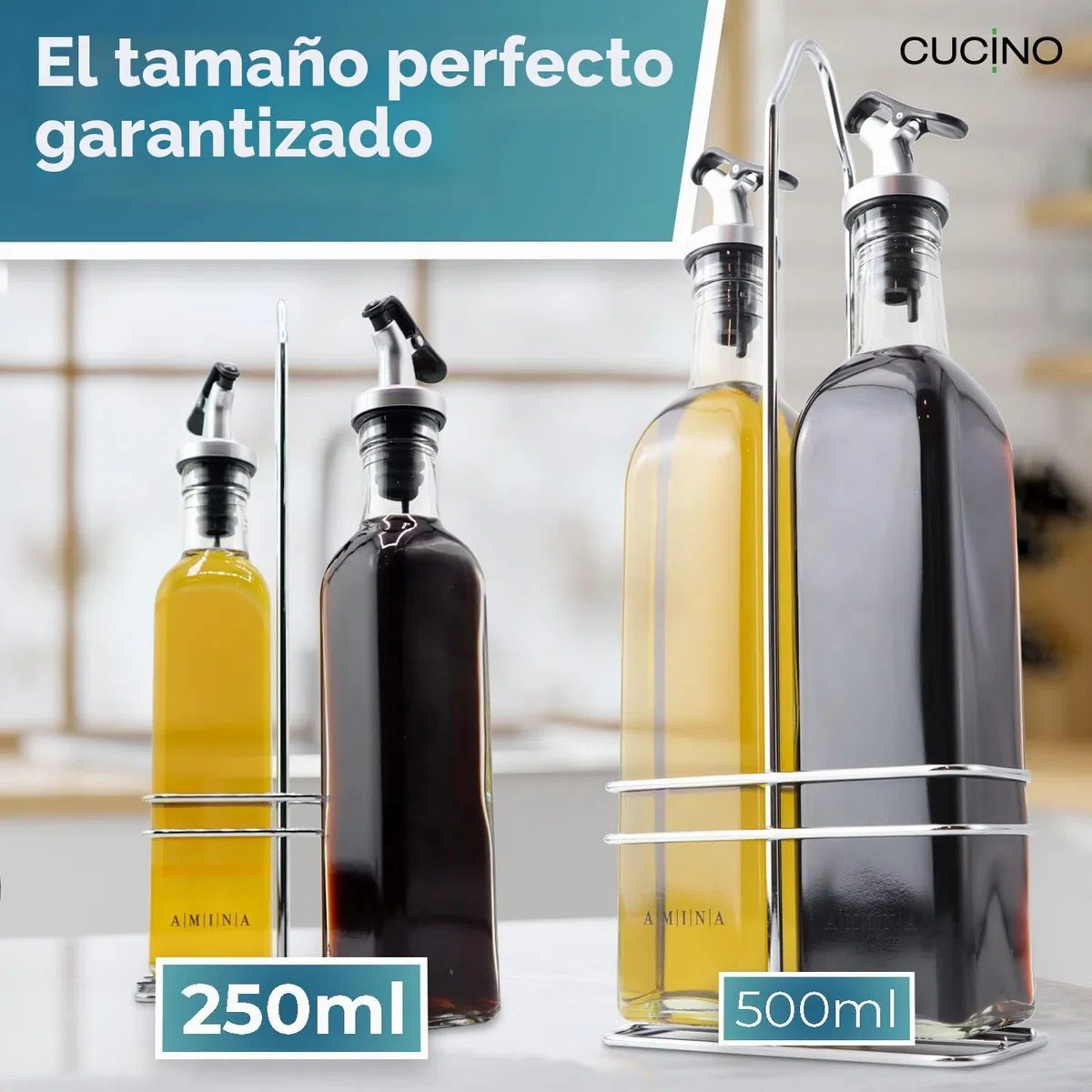 Juego de vinagrera y aceitera - (Toscana) 2 botellas de aceite de 250 ml con soporte | a prueba de fugas y sin goteo | con tapón antisuciedad