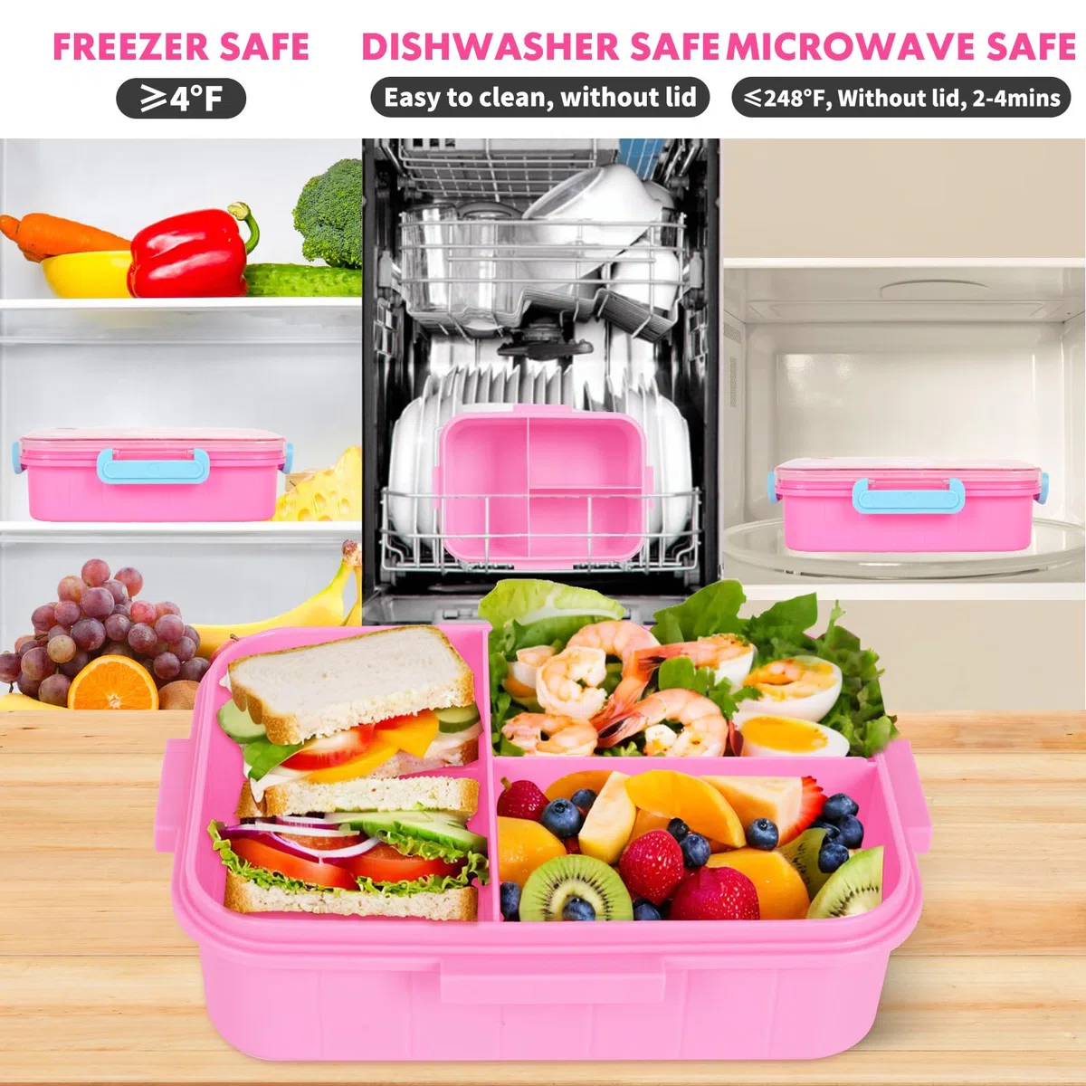 PinkSheep Loncheras Bento para niños, 1200 ml, sin BPA, a prueba de fugas, con 3 compartimentos para niños y niñas (gato)