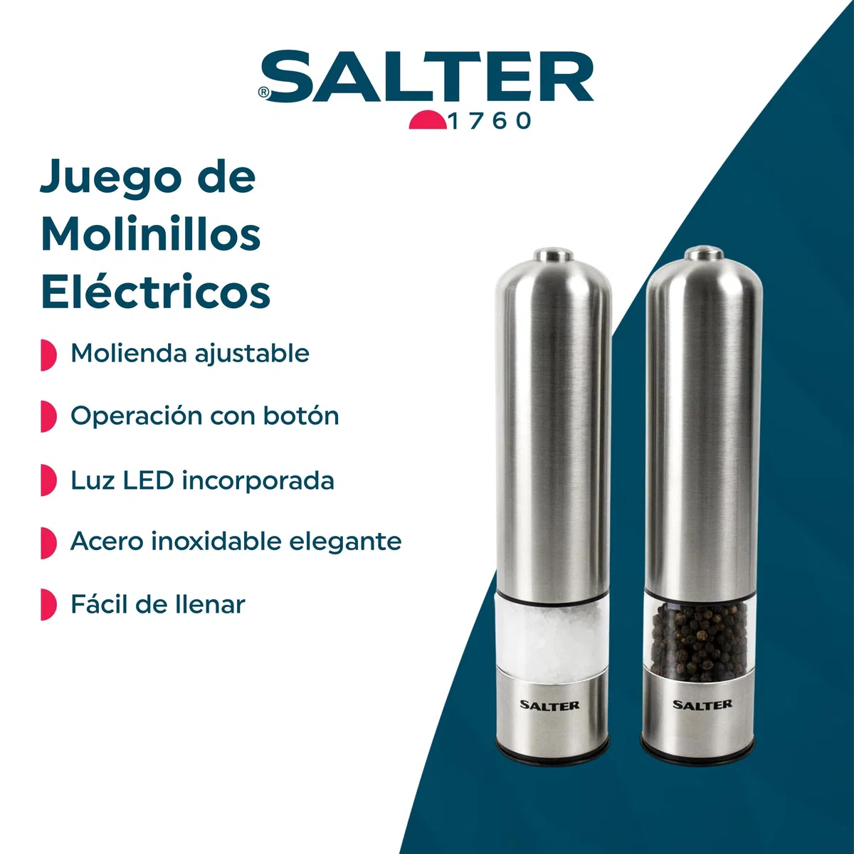 Salter ‎7722 SSTUR Molinillos De Sal Y Pimienta Eléctrica, Fabricado En Acero Inoxidable, Dispensador De Condimentos, Fácil De Usar, Salero Y Pimentero Con Luz, Un Botón Para Moler Incluido