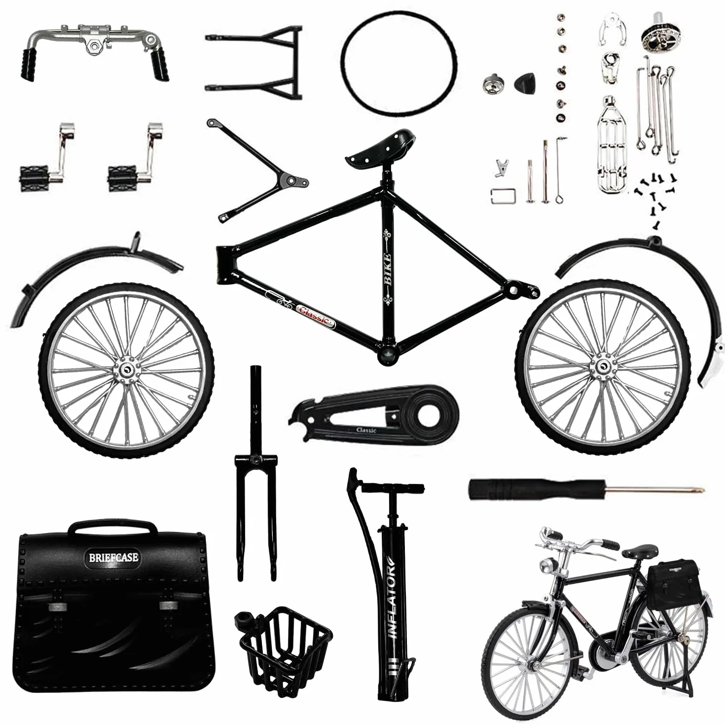 MEMOFYND - Kit de modelo de bicicleta retro de 1 pieza, réplica clásica de bicicleta de dedo, viene con bomba, cesta y maletín, apto para adultos y niños