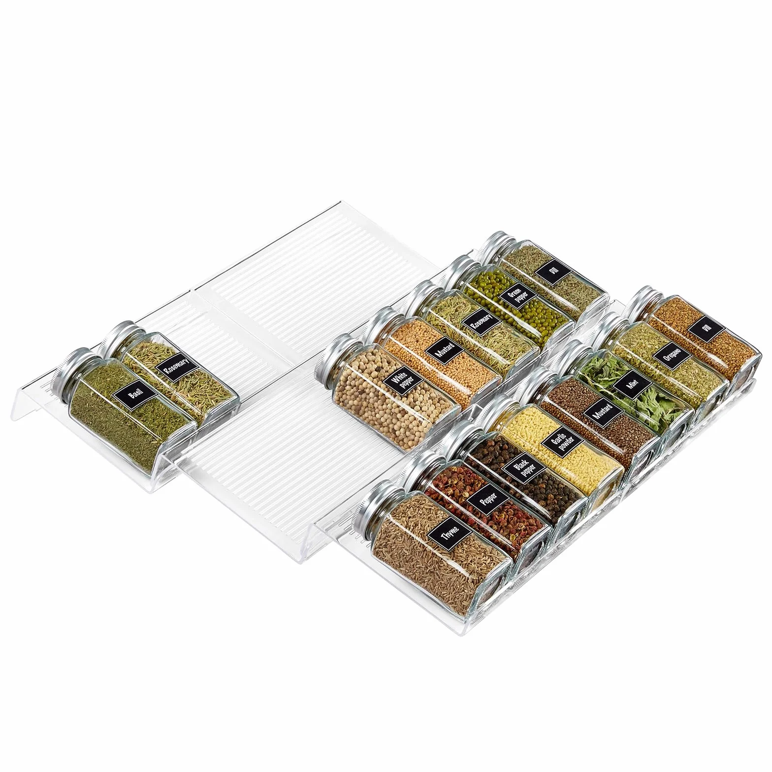 Lifewit Organizador Especias Cajon Especieros para Cocina, organizador de tarros de 24 condimentos para almacenamiento de cocina, encimera, armario, estante, 3 niveles, juego de 6, transparente
