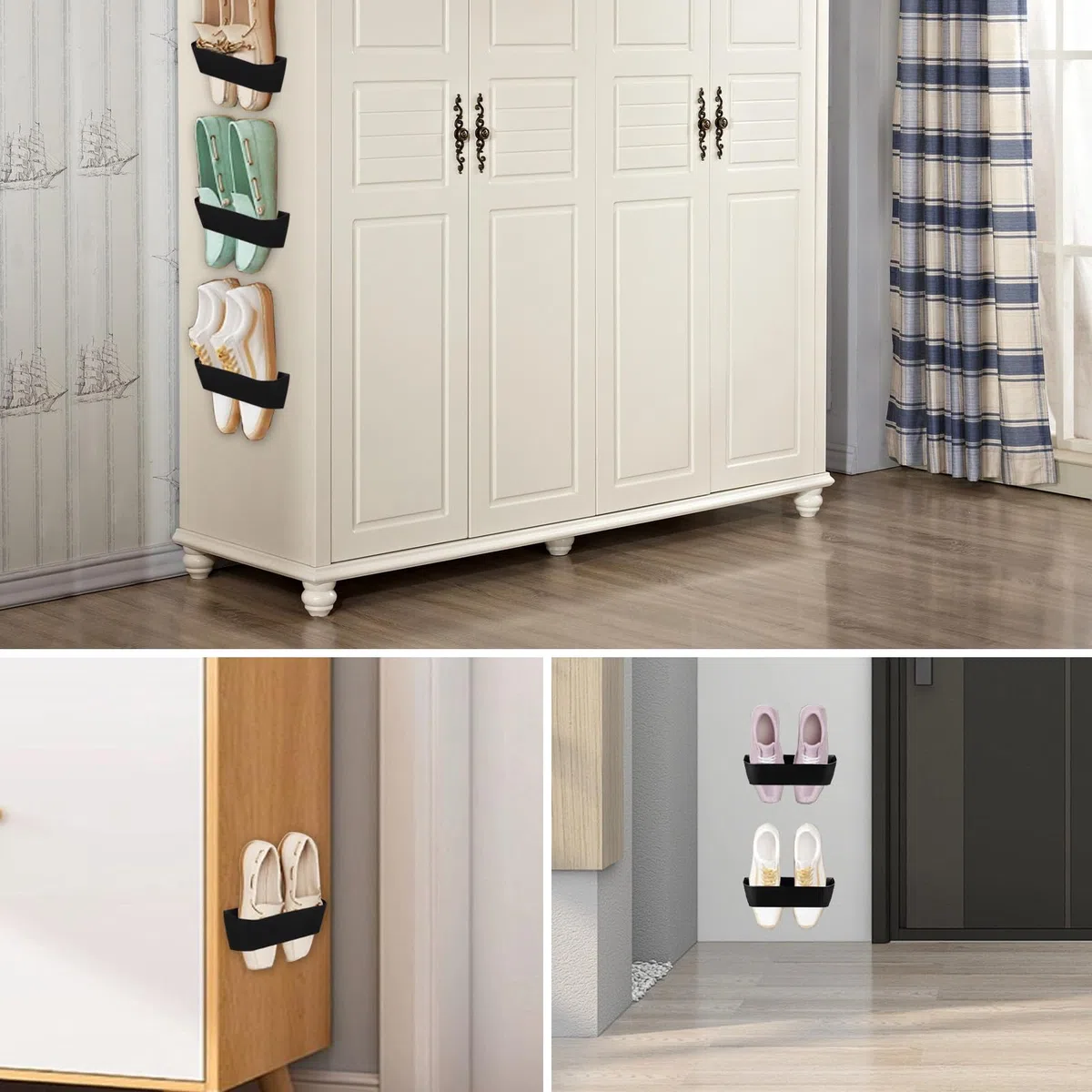 Zapatero de pared para autocaravana, montaje en pared y organización de entrada independiente para casa/RV/autocaravana - Zapatero moderno y delgado con adhesivo y tornillos (Black)