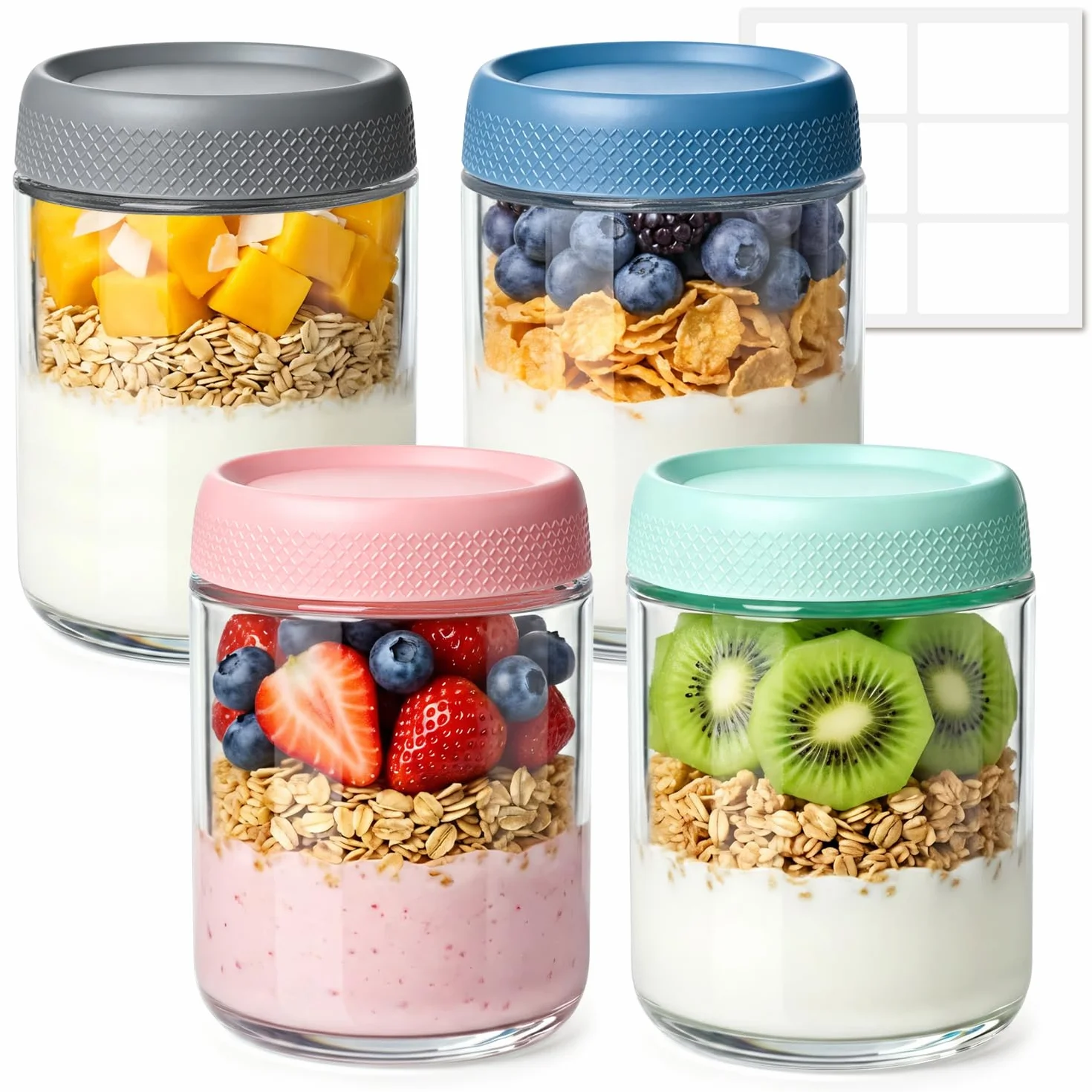 ComSaf Set de 4 Vasos de Yogurt y Cereales de 500ml con Tapa de Plástico, Tarro de Vidrio, Overnight Oats Jar para Adultos y Niños, Desayuno Saludable para Oficina, Escuela y Picnic