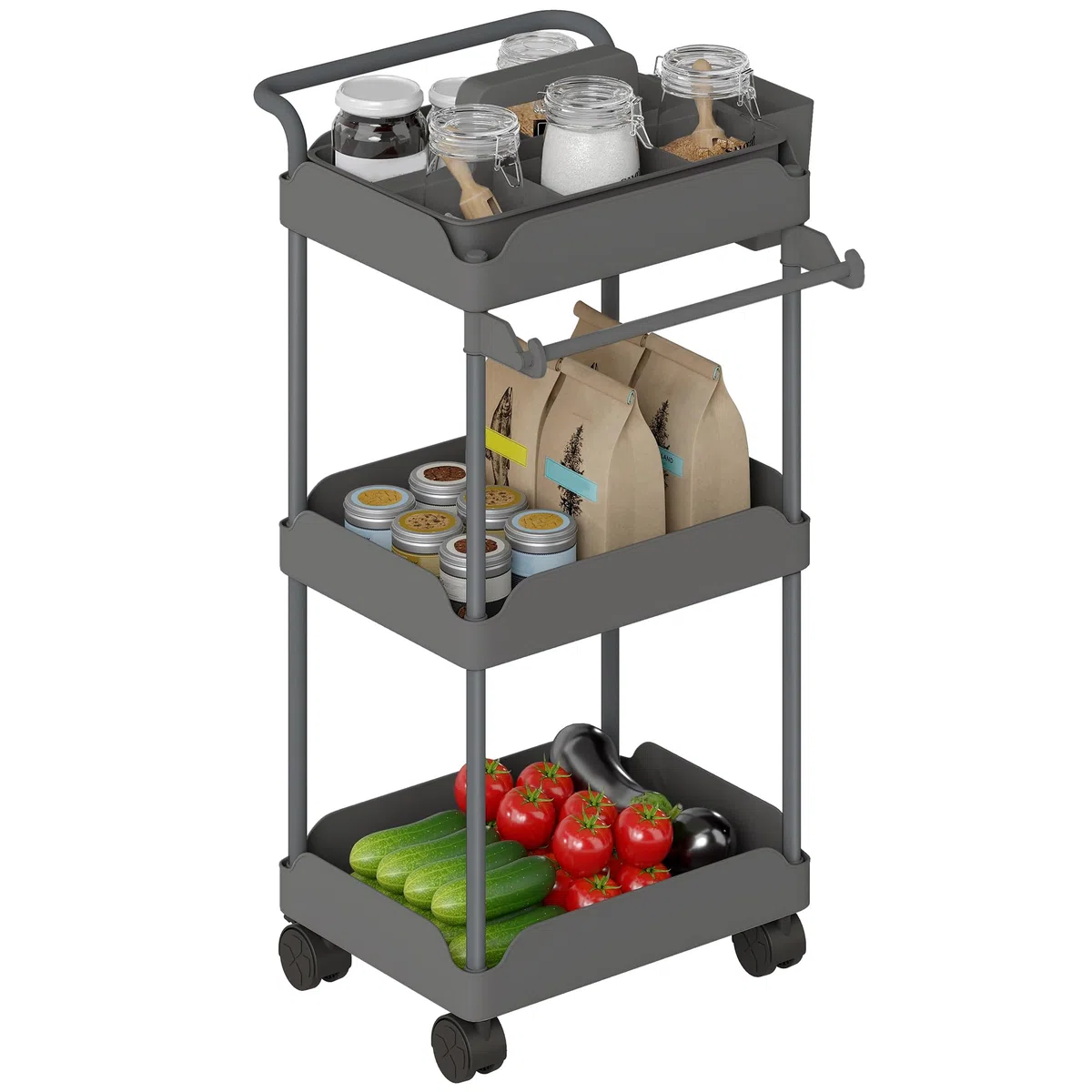 HOMCOM Carrito Auxiliar con Ruedas de 3 Niveles, Carrito de Cocina con Cestas Extraíbles, Ruedas con Freno, Soporte para Toallas y Marco de Metal, para Comedor, Salón, Baño, Oficina, Gris