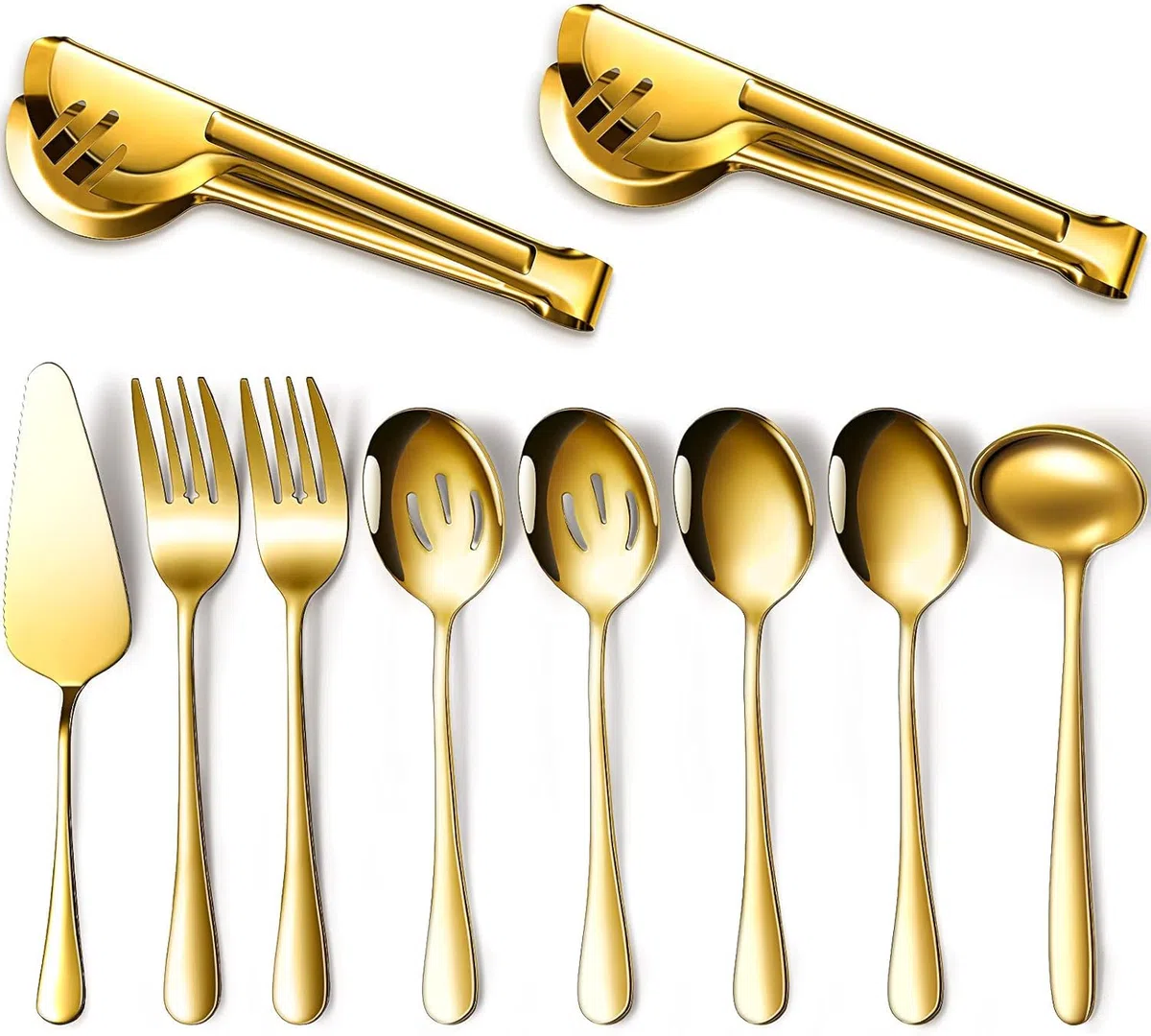 LATERN 10 Piezas Juego de Utensilios para Servir, Acero Inoxidable Cubiertos Incluye Cuchara Grande Cuchara Ranurada Tenedor Pinzas Sopa Cucharón- Navidad Regalo para Esposa y Madre (Dorado)