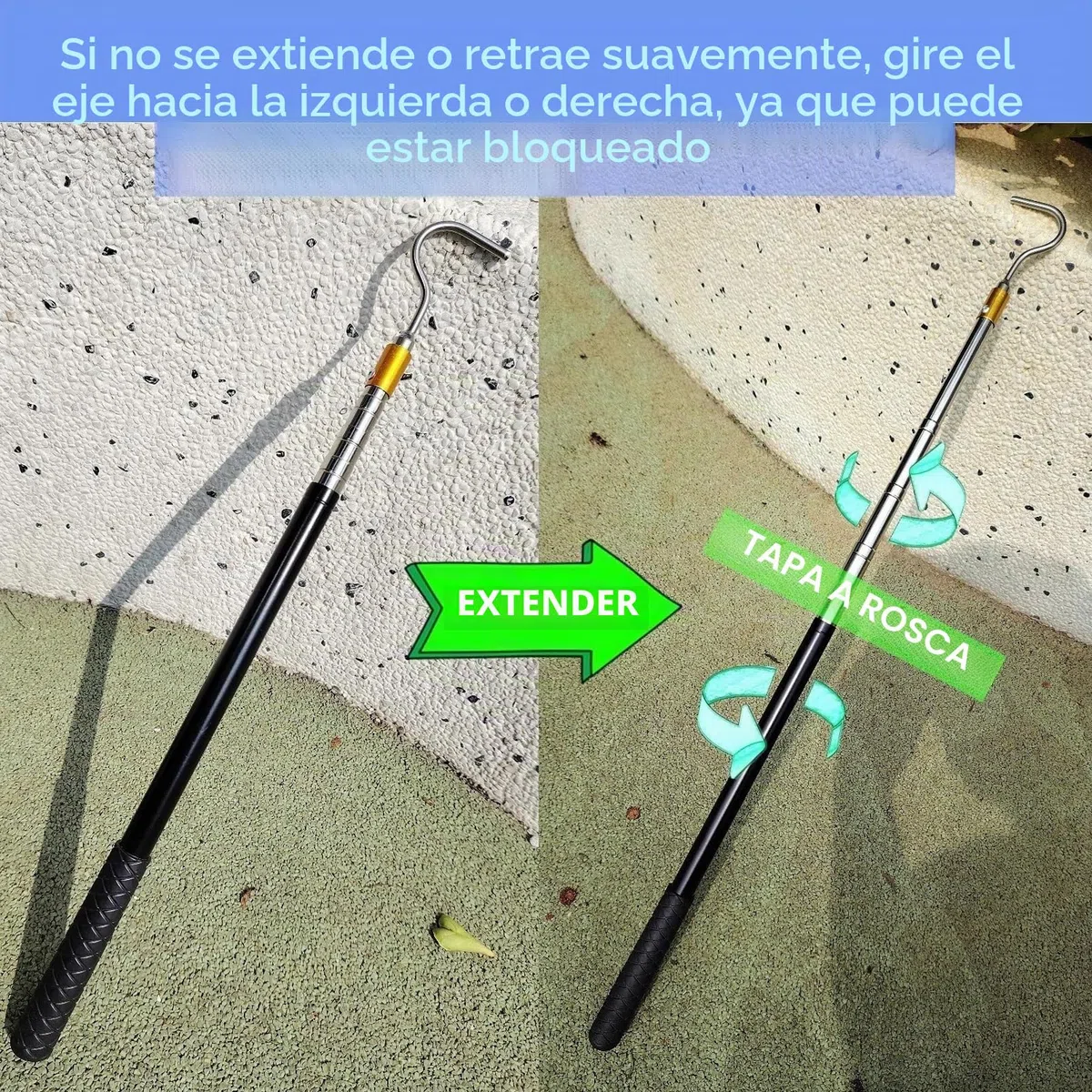 Palo Telescópico con Gancho Extensible de 48-150 cm Gancho Retráctil para Toldos, Velas y Persianas - Barra Telescópica Extensible conGancho para Escaleras de Trampilla Camping Áticos