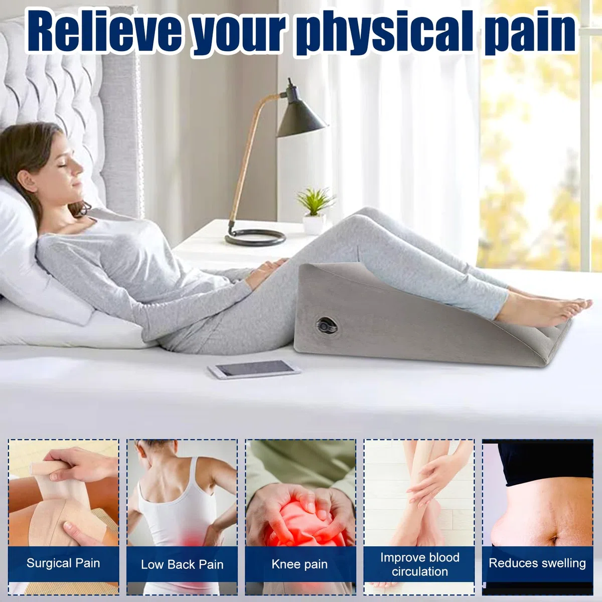 65x 50 X 25 cm Almohada de Cuña Inflable Portabilidad Cojín Reposapiernas Confort Elevar Piernas Cansadas Almohada de Soporte de Cuña para Piernas, Mejora la Circulación Sanguínea y Mejorar el Sueño