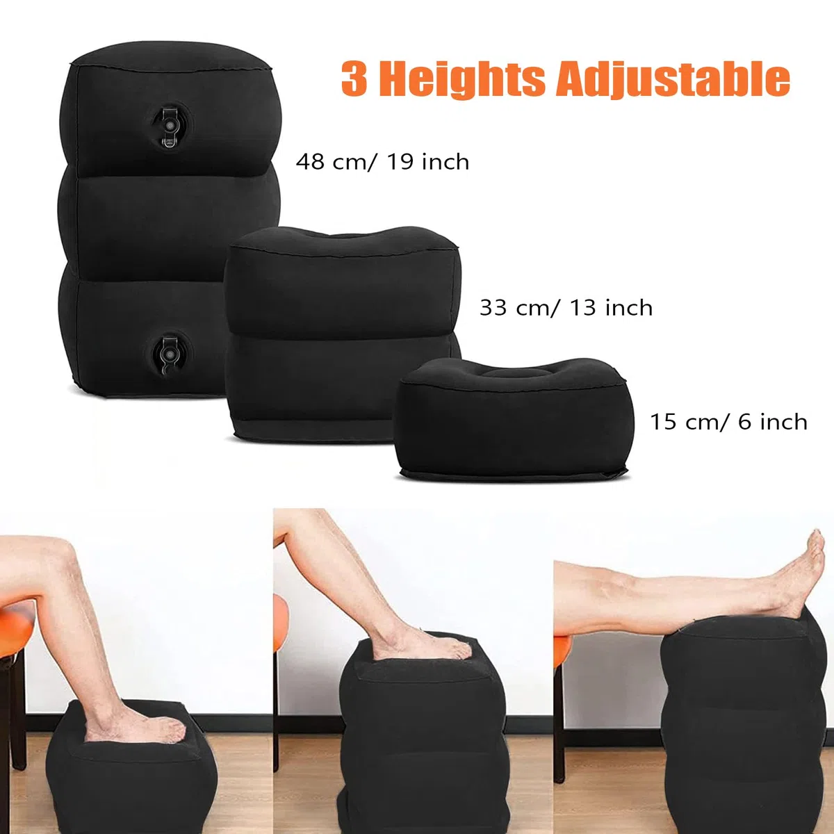 Reposapiés de viaje, cojín de reposapiés ajustable en altura, Almohada Inflable para descansar los pies en aviones, autobuses, trenes, oficina y niños, para dormir en vuelos largos (Negro)