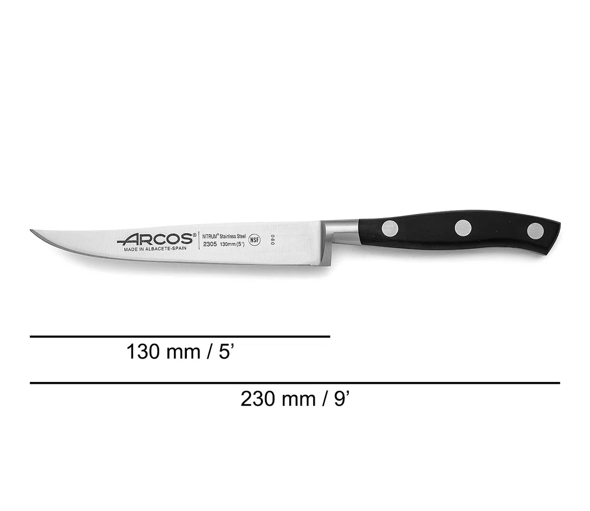 ARCOS Cuchillo carne 130 mm y 5 pulgadas con Hoja Acero Inoxidable 130 mm, Cuchillo cocina profesional cortar una variedad alimentos, Mango ergonómico polioximetileno POM, Serie Riviera, Color negro