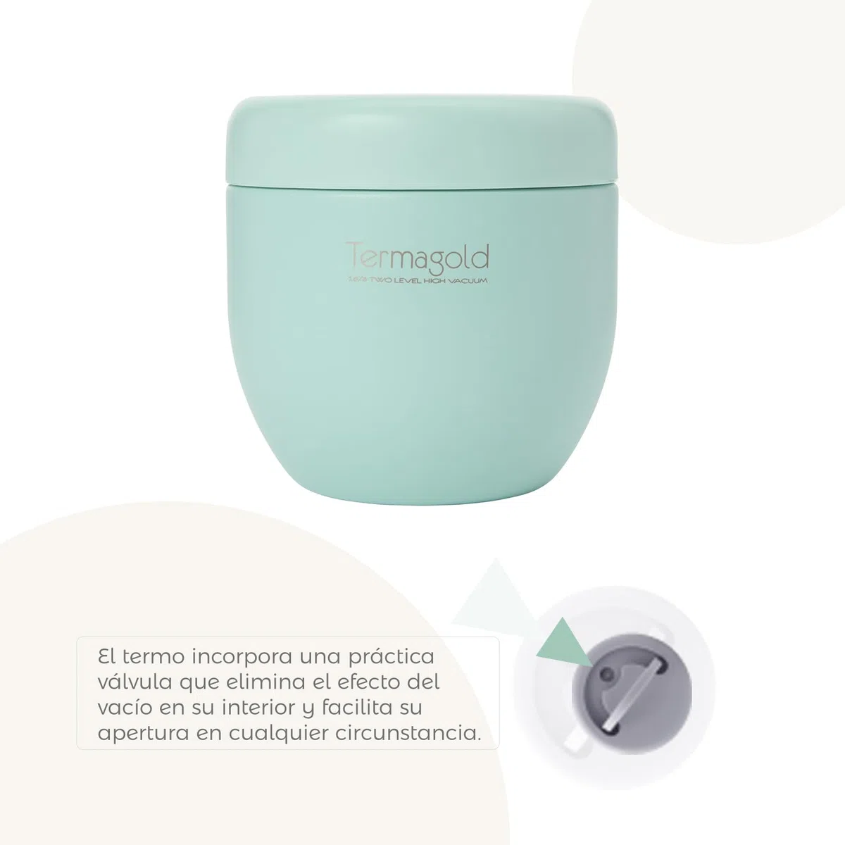 Termos ONNA Colección TERMAGOLD Para Alimentos Sólidos 600ml - (Fríos/Calientes) Acero Inoxidable 304, Cierre Hermético, Asa, y válvula anti vacío. Lavable en Lavavajillas (verde)