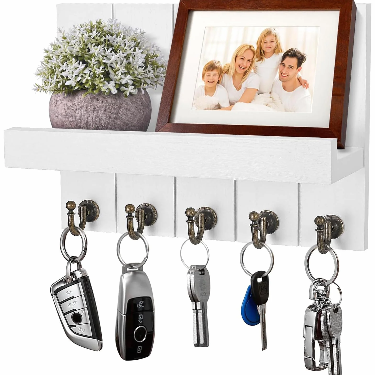 Colgador llaves, Portallaves de Madera, Organizador llaves con 5 Ganchos para llaves, llavero Decorativo para llaves, Cartas, Periódicos (Blanco)