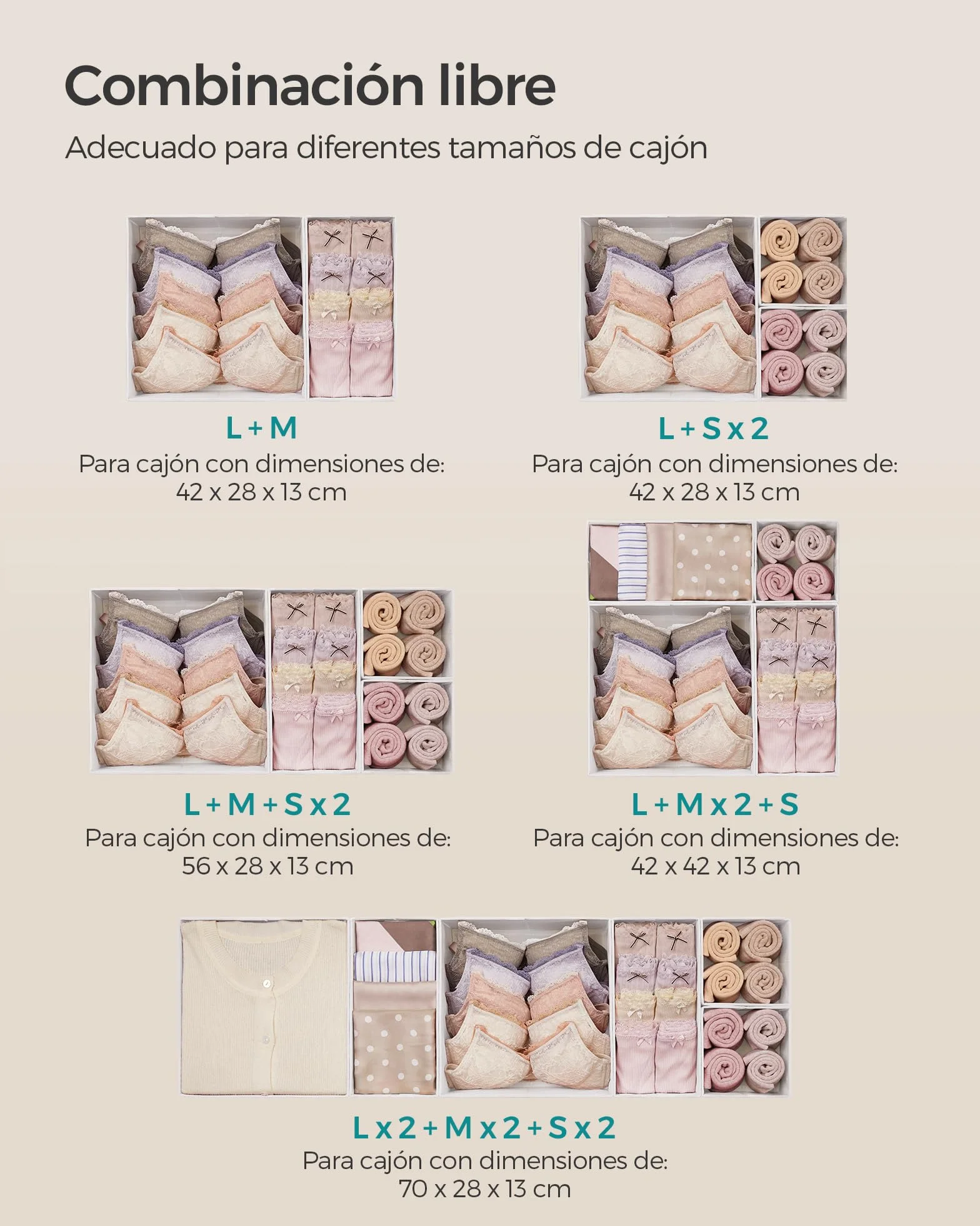 SONGMICS Separadores de Cajones, Organizadores de Tela Plegables, Juego de 12, Blanco Nube RDZ006W02