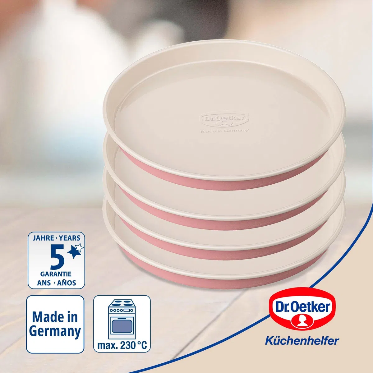 Dr. Oetker Molde Layer Cake, Diseño Retro, Molde Redondo para Tartas con Revestimiento Antiadherente Especial con Refuerzo Cerámico, Color Rosa / Crema, 17x3 cm, 4 uds.