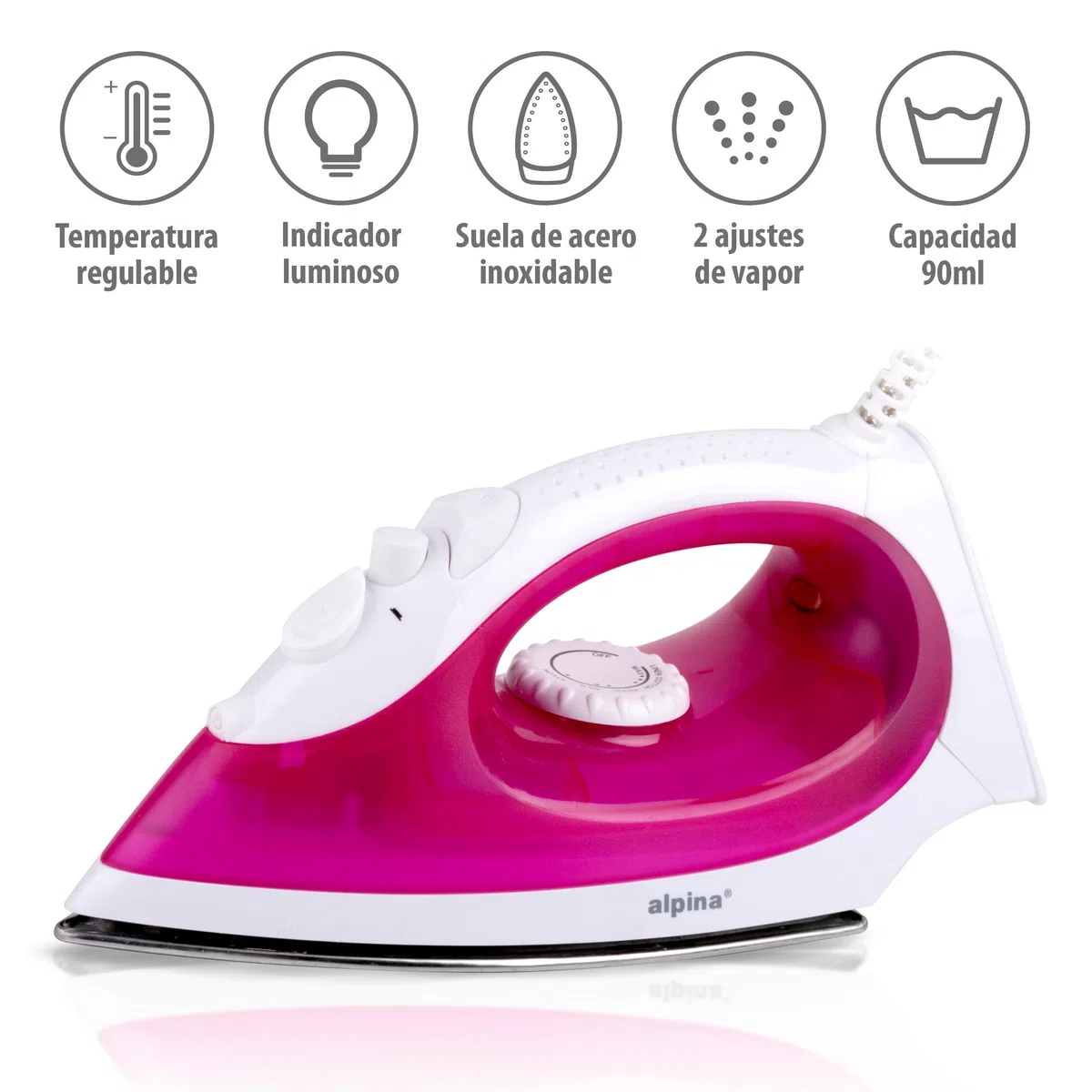 alpina Plancha Vapor - Plancha Ropa 1850-2200W - Ferro de Engomar con Función de Vapor y Rociado de Agua - Temperatura Ajustable y Depósito de Agua de 90ml - Rosa/Blanco