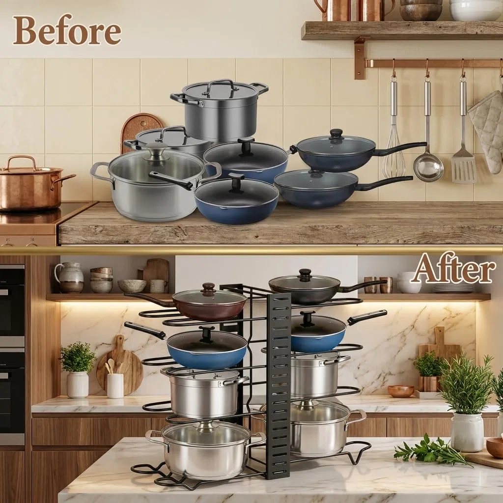 Organizador de ollas y sartenes con 8 niveles, soporte ajustable para hasta 8 ollas y sartenes, organizador para armarios de cocina, 48 x 20,5 x 38 cm