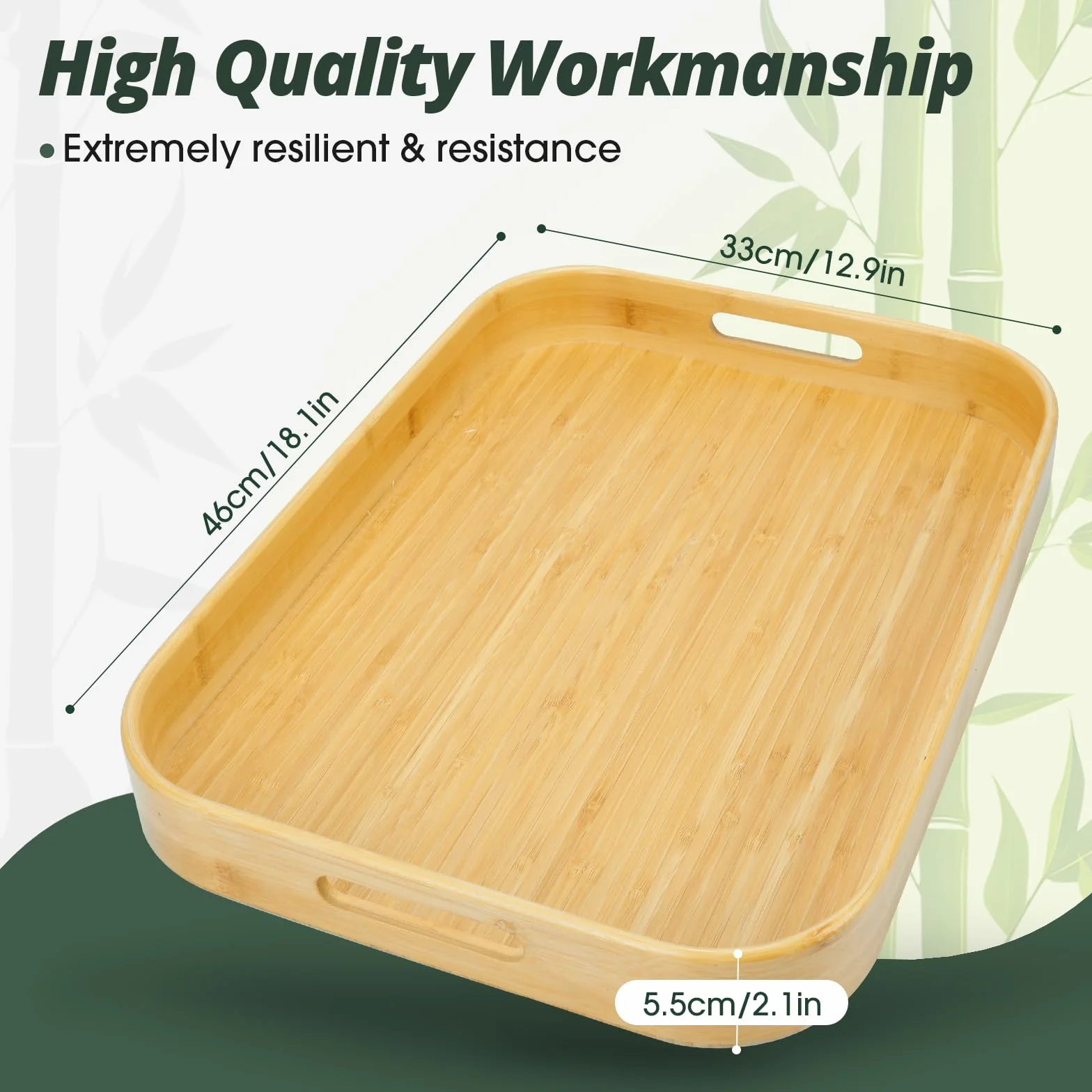 Bandeja de bambú para Servir con Asas,Bandeja de Madera 46x33x5.5 CM, Rectangular Cocina,Bandejas Decorativas para Desayuno, Bebidas, Aperitivos, Decoración del Hogar