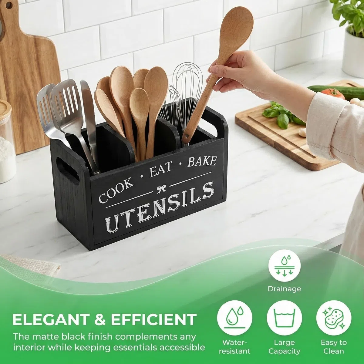 Porta Utensilios de Cocina Negro y Madera de Sicómoro con 3 Compartimentos Organizador de Cubiertos Soporte para Utensilios de Cocina con Orificios de Drenaje, Separador Extraíble 27 x 10,5 x 15 cm