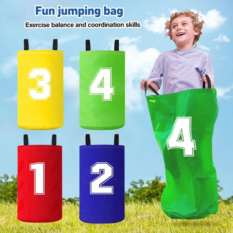 4 Piezas Bolsa de Carrera de Sacos, Juegos de Carreras de Sacos, Sacos de Saltar Sacos de Cumpleaños Infantiles, Saco de Carrera Infantil con Medallas para Cumpleaños, Fiesta, Familiar