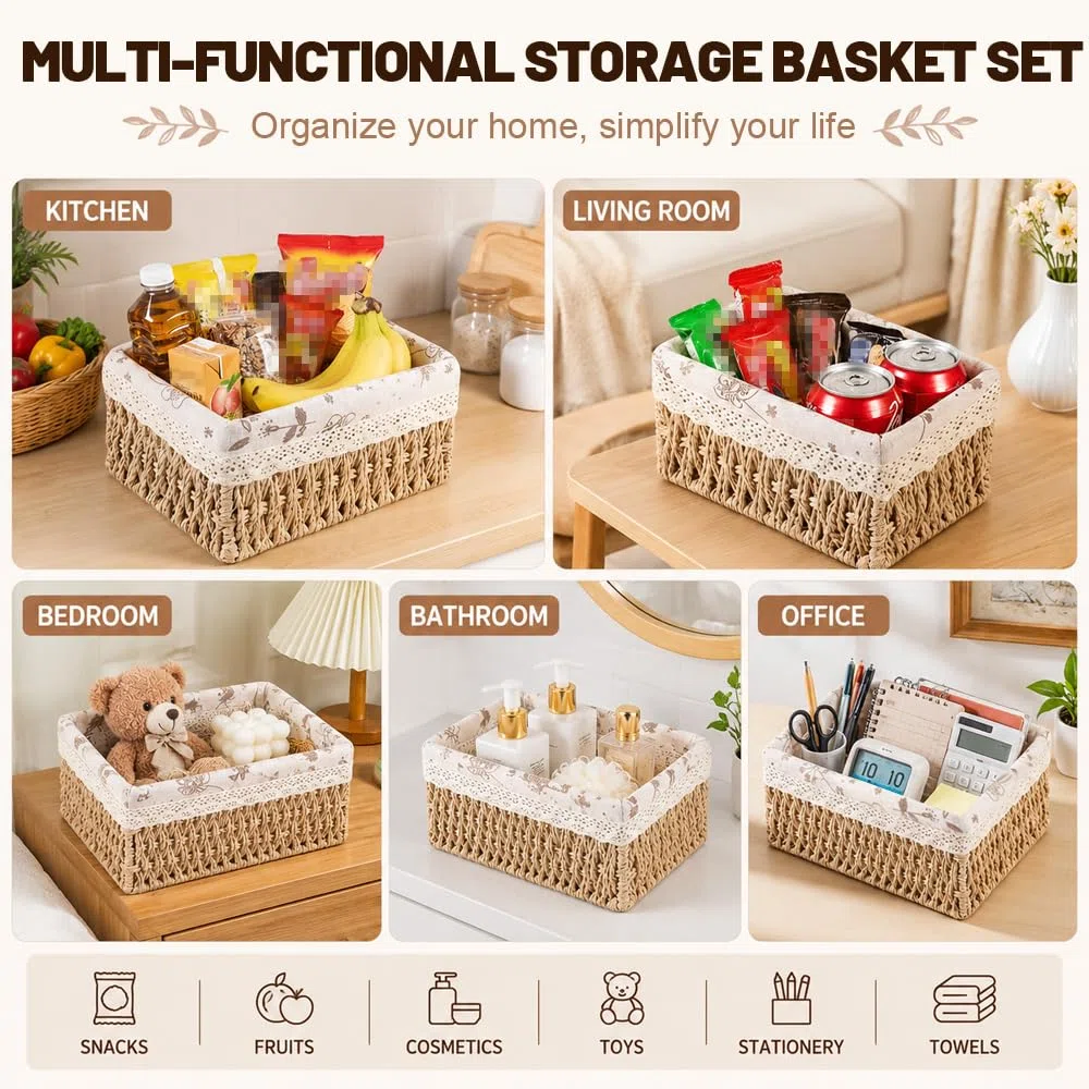 3 Cestas Almacenaje Mimbre con Forro,Cesta Organizadora Baño,SZMK Cesta Decorativa Pequeña,Cestas Tejidas Rectangulares,Storage Basket Small,Scesta de Almacenamiento Cocina para Salones, Armarios