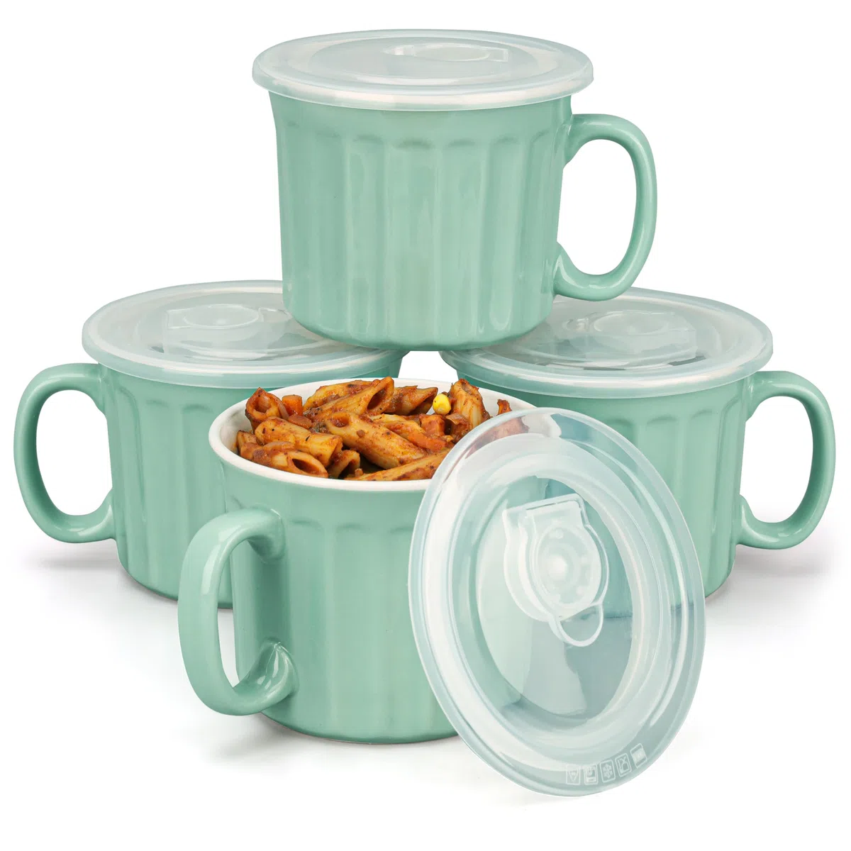 BELLE VOUS Set de Tazas de Cafe - 4x Taza Grande con Tapa para Desayuno o para Cocinar en Microondas - Tazones Grandes de Ceramica Talla XL con Asa - Apto Microondas y Lavavajillas