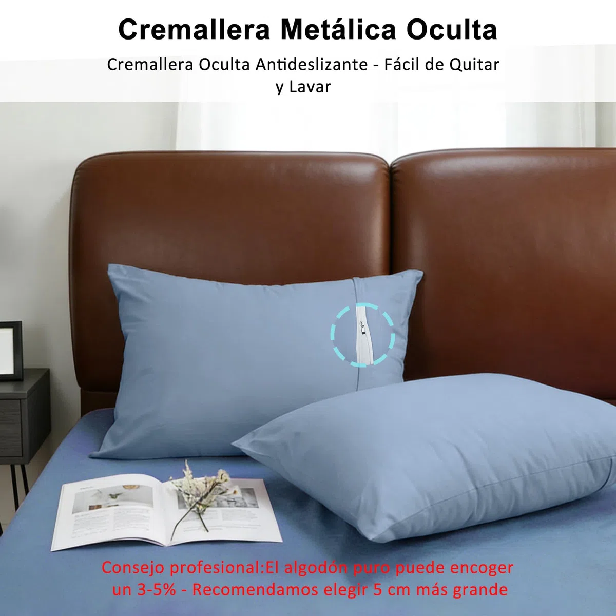 Lirex 2 Paquetes Fundas de Almohada, 100% Algodón Transpirable Cubiertas de Almohada，Cierre de Cremallera 50 x 70 cm, Azul Gris Claro