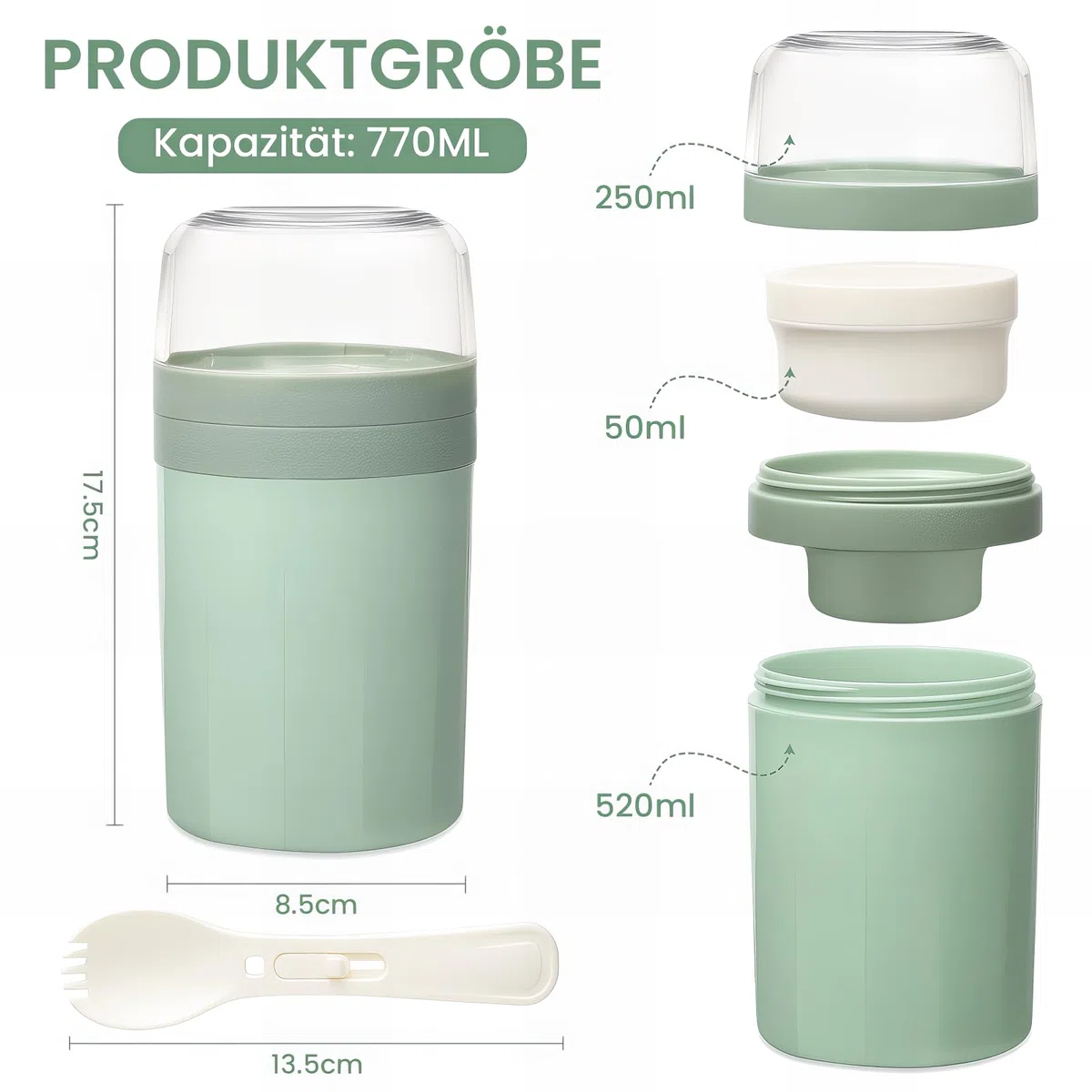 Bugucat Taza de Yogur 520ML+250ML, Porta Yogur y Fruta Vaso de Cereales para Llevar con Tapas y Cuchara, Reutilizable Porta Vaso Portátil Taza de Cereales con Recipiente para Ensaladas,Verde