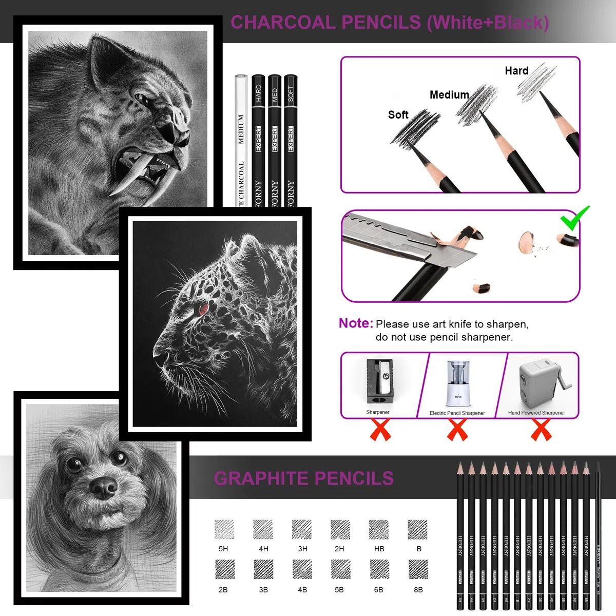HIFORNY Juego de dibujo de 42 piezas, kit de dibujo con lápices de grafito y carbón, herramientas de mezcla, borradores y accesorios, estuche de viaje portátil con cremallera para artistas y