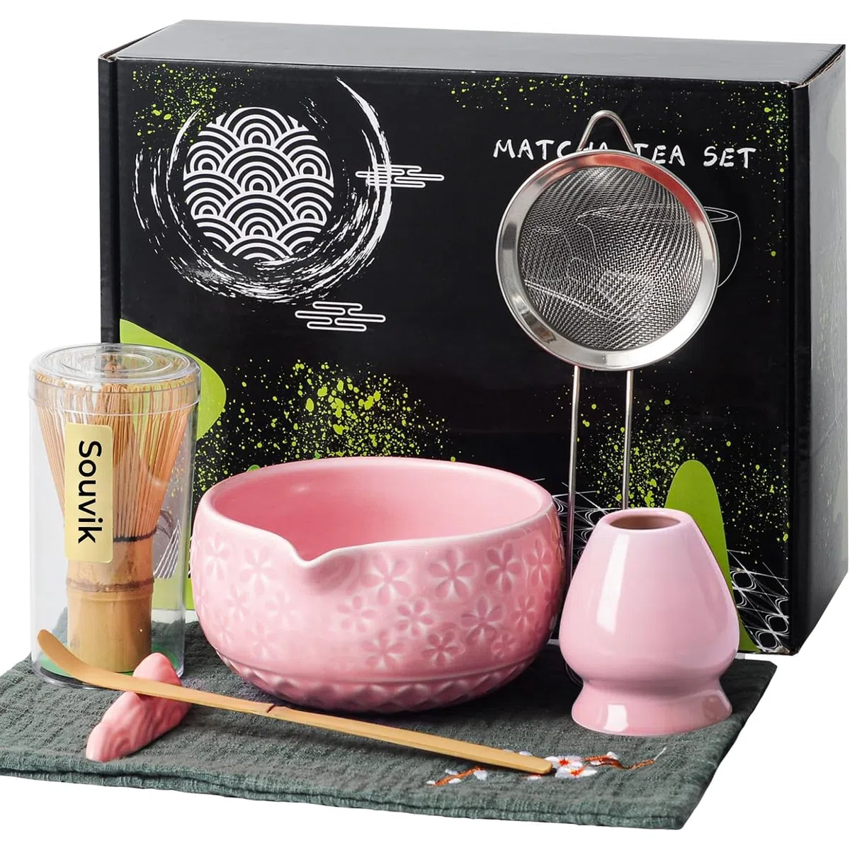 Souvik Kit de Matcha Japonés 7 Piezas – Matcha Set de Ceremonia con Tazón con Pico, Batidor de Bambú, Cuchara, Tamiz, Soporte y Paño – Regalo Ideal para Amantes del Té, Rosa