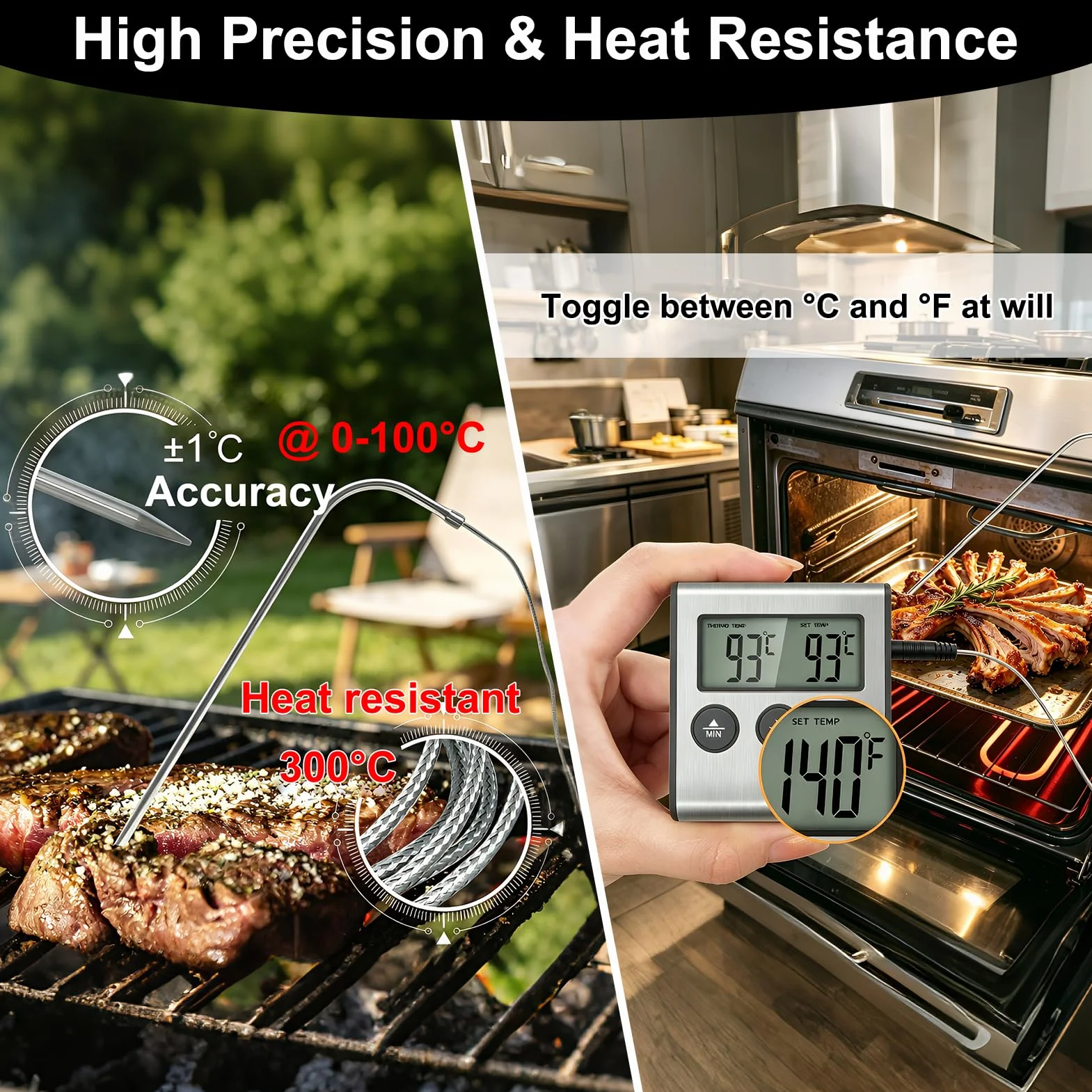 Termómetro Digital para Carne y Barbacoa con Pantalla LCD Grande, Sonda de Acero Inoxidable y Temporizador, Termómetro de Cocina paraHorno, Ahumador, Parrilla y BBQ
