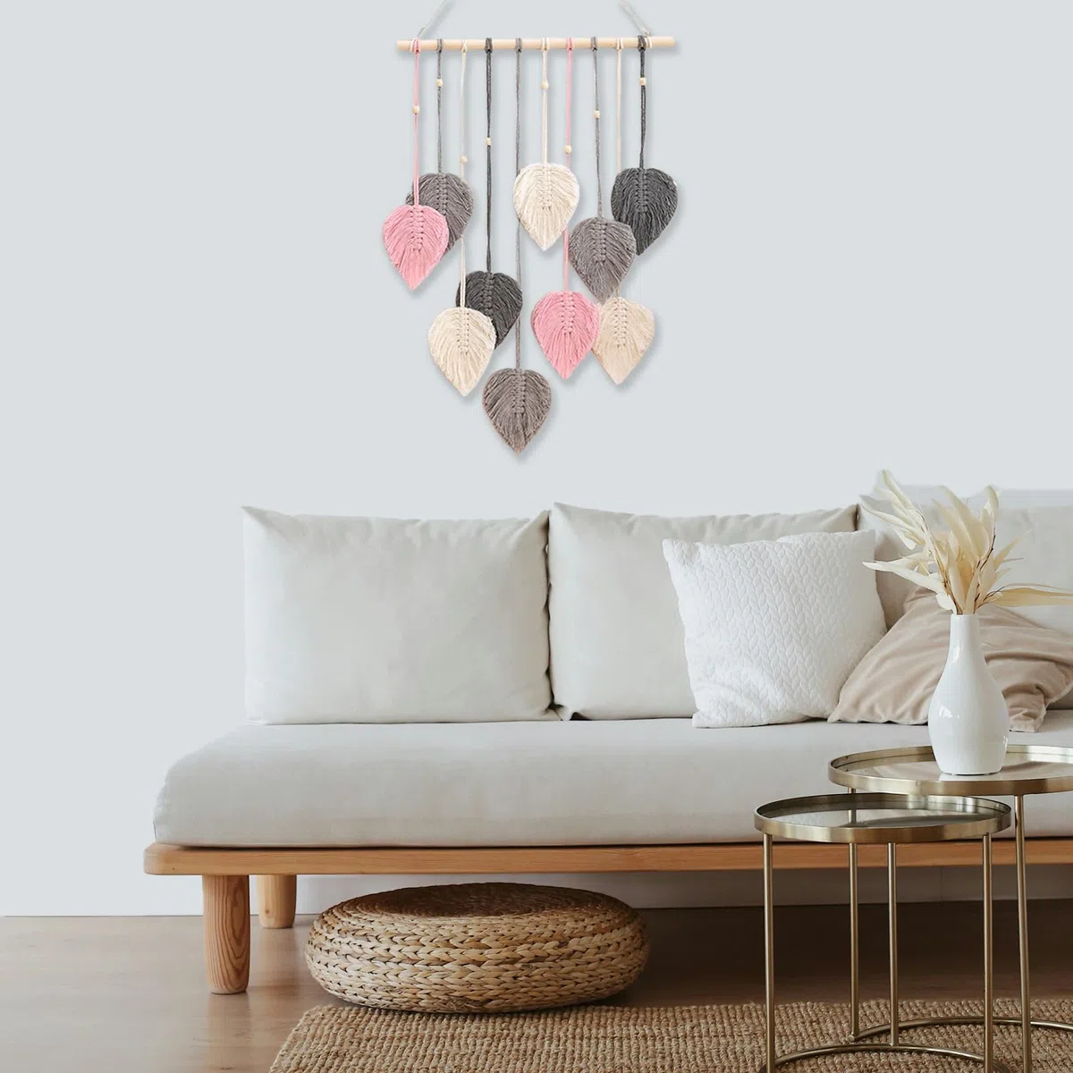 CCAIPU Tapiz Pared de Macramé, Tapiz Tejido con Hojas de Bohemia, Hecho a Mano, Decoración de Pared con Plumas y Hojas para Sala de Estar, Dormitorio y Hogar (Gris Rosa)