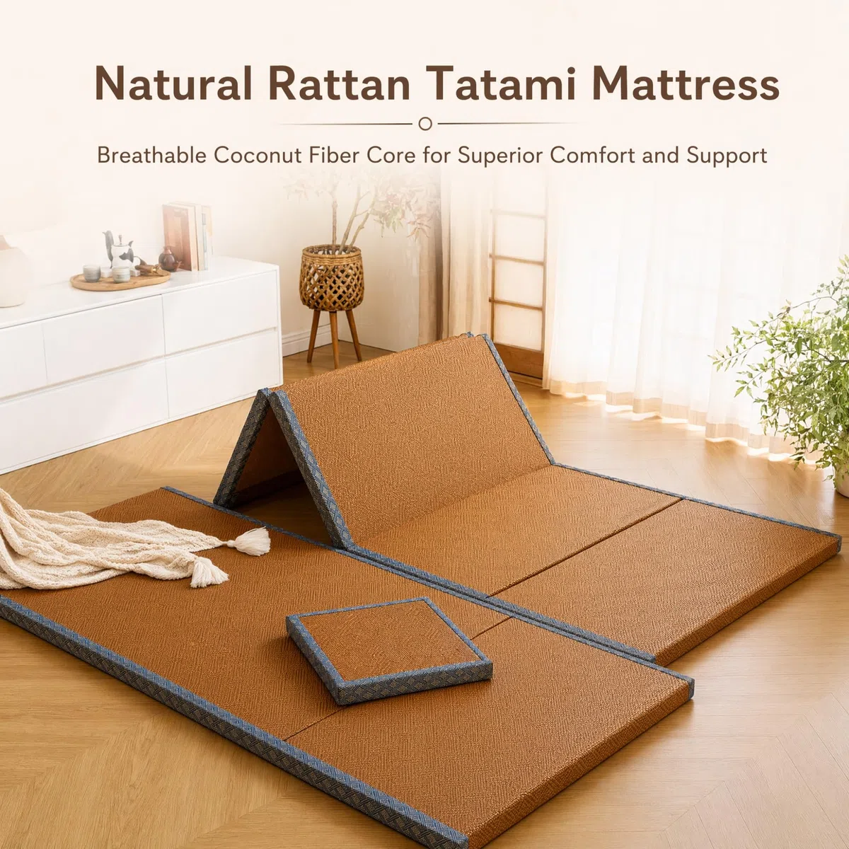 NEPHRA Tatami Plegable, Futón Japonés Antideslizante y Transpirable con Fibra Vegetal Natural, Grosor 3/5 cm para Yoga, Meditación y Zen(120 x 190 x 5 cm)