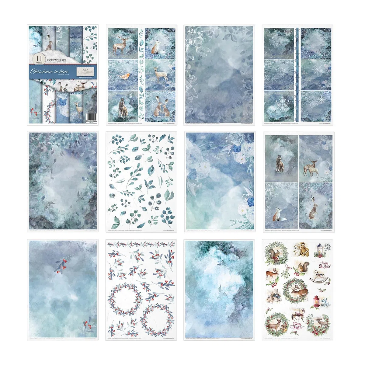ITD Collection - Papel de arroz creativo A4 Decoupage Rice Paper Sheet 29,7 x 21 cm, técnica de servilletas, multicolor (RP025- Christmas in Blue- HS code 48021000)