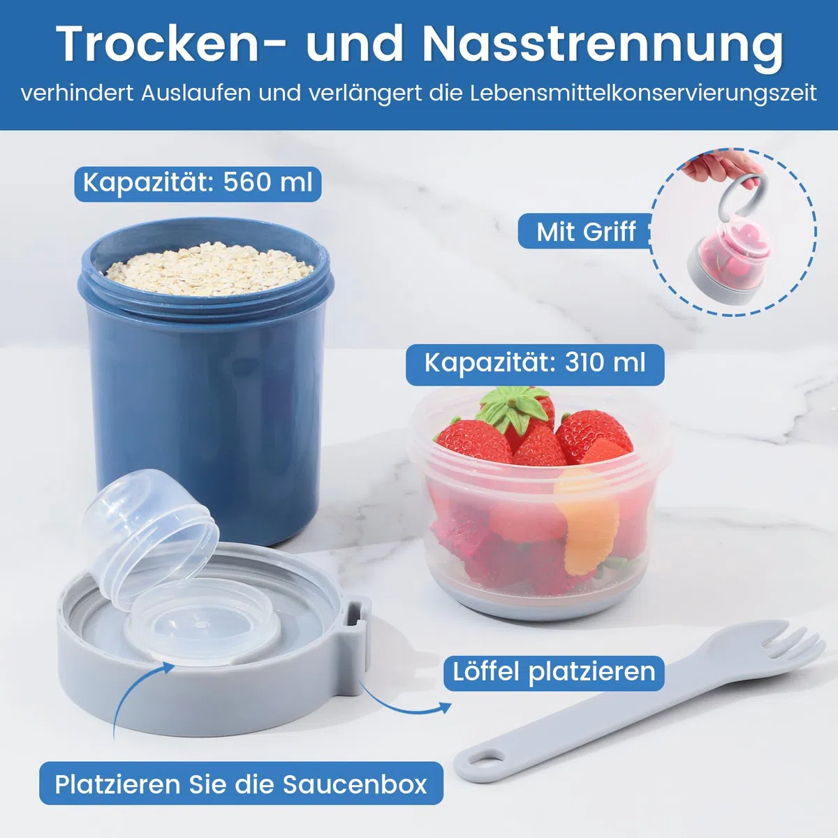 Vaso de Yogur y Cereales para Llevar 2 en 1, Recipiente Práctico con Cuchara, Taza de Yogurt To Go a Prueba de Fugas, Ideal para Picnic, Almuerzo y Ensalada (Azul)